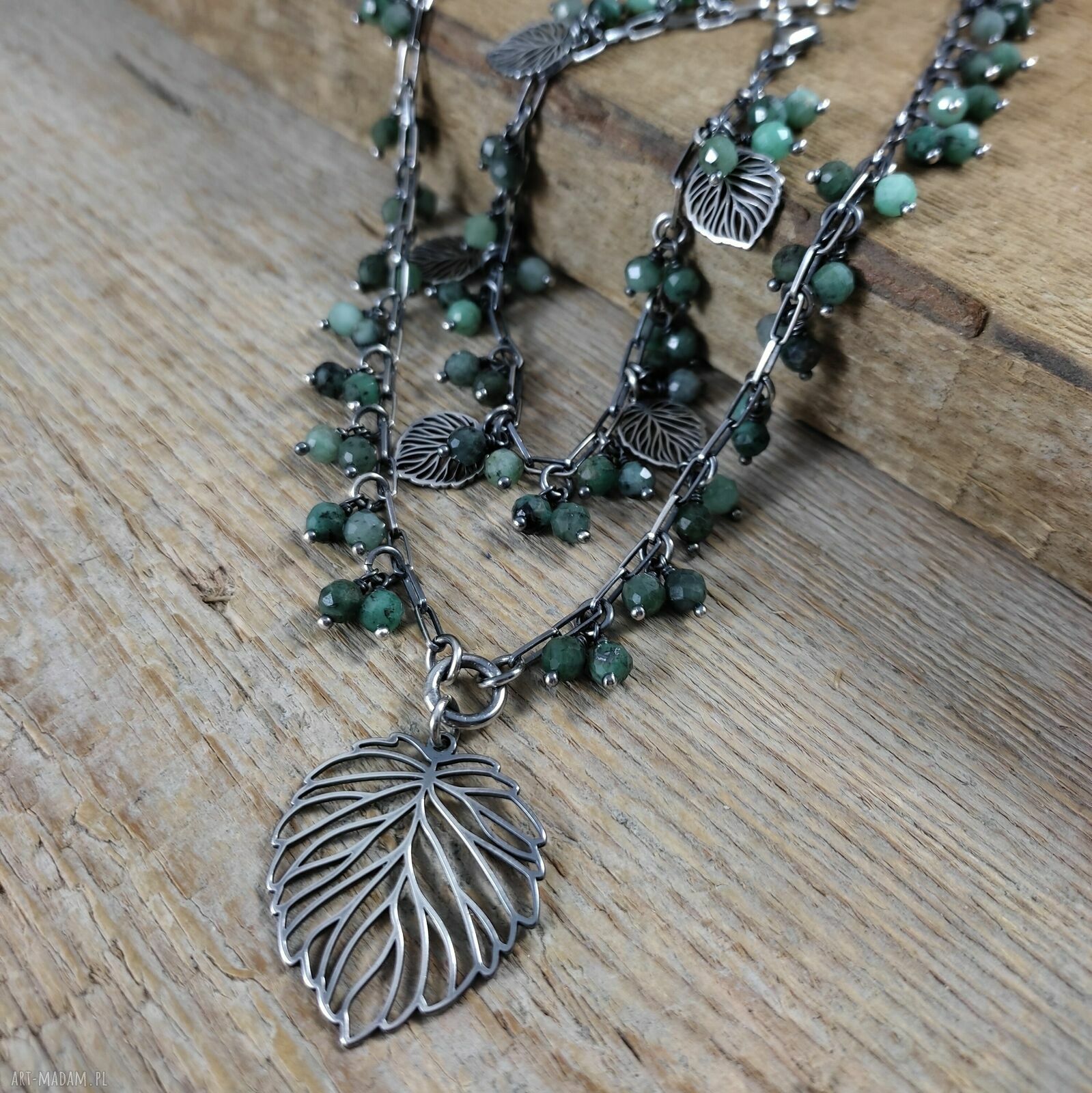 Bransoletka handmade ze szmaragdem - listki w srebrze oksydowanym