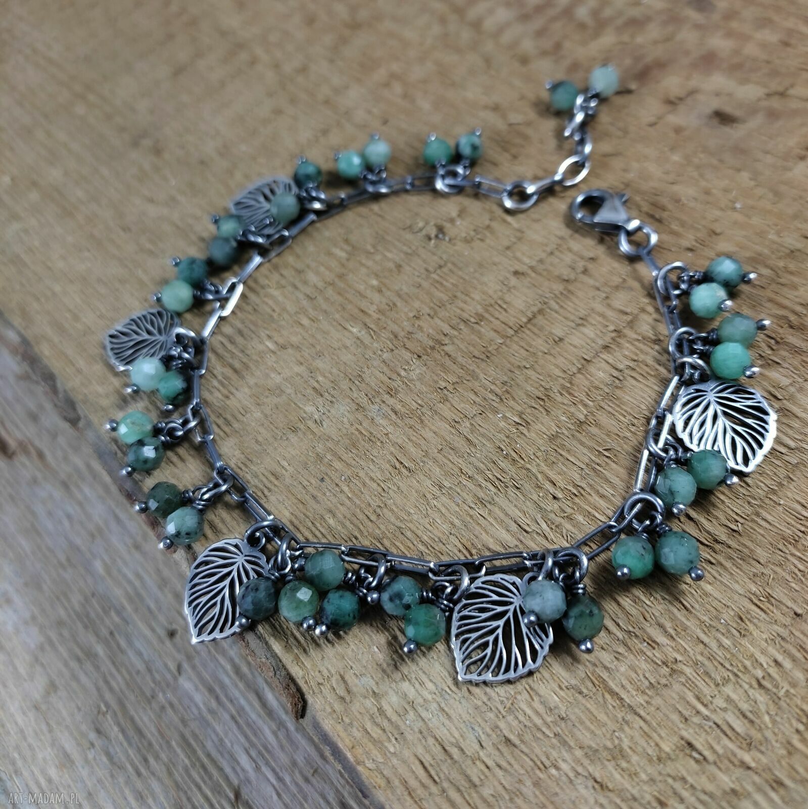 Bransoletka handmade ze szmaragdem - listki w srebrze oksydowanym