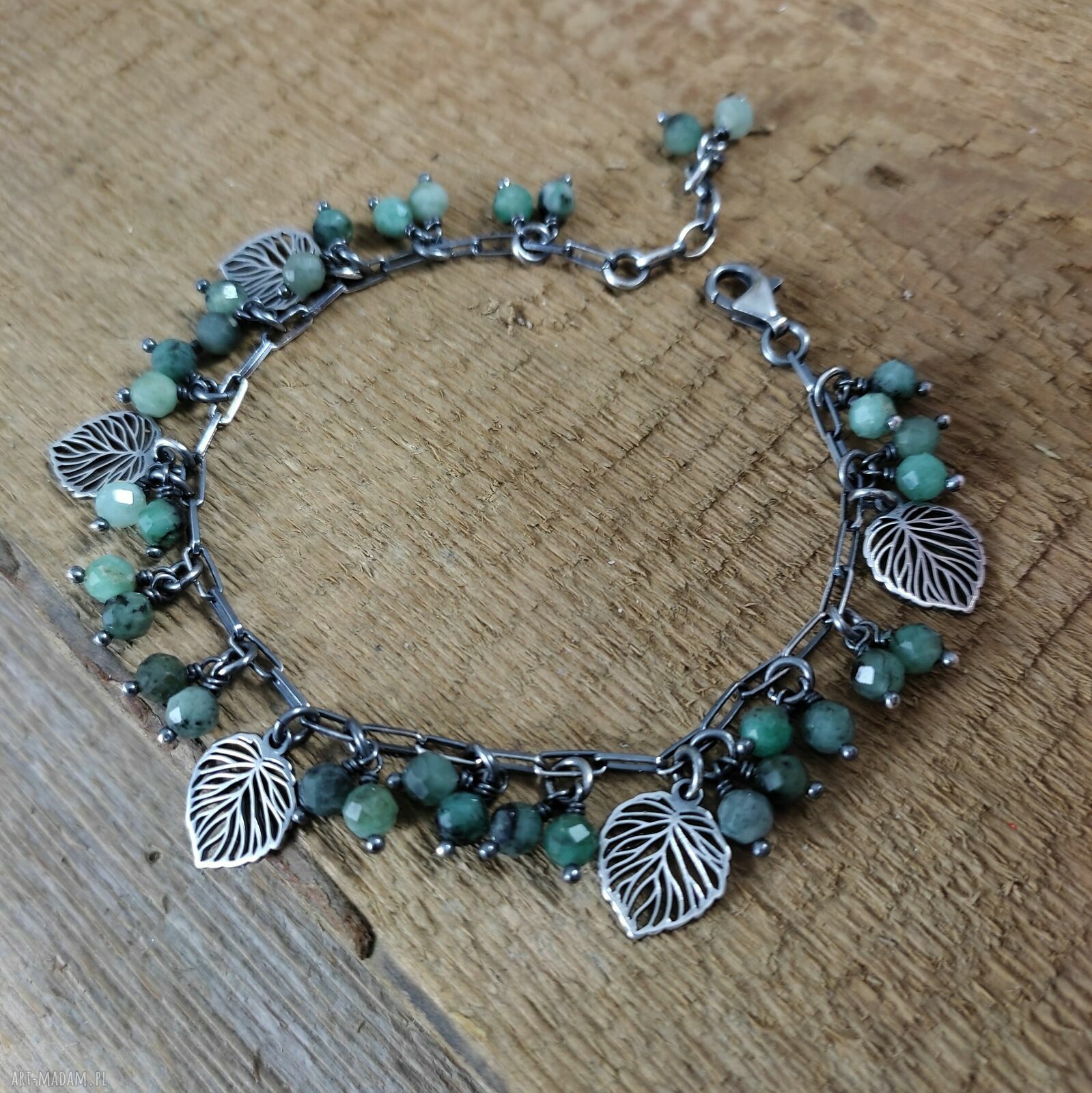 Bransoletka handmade ze szmaragdem - listki w srebrze oksydowanym