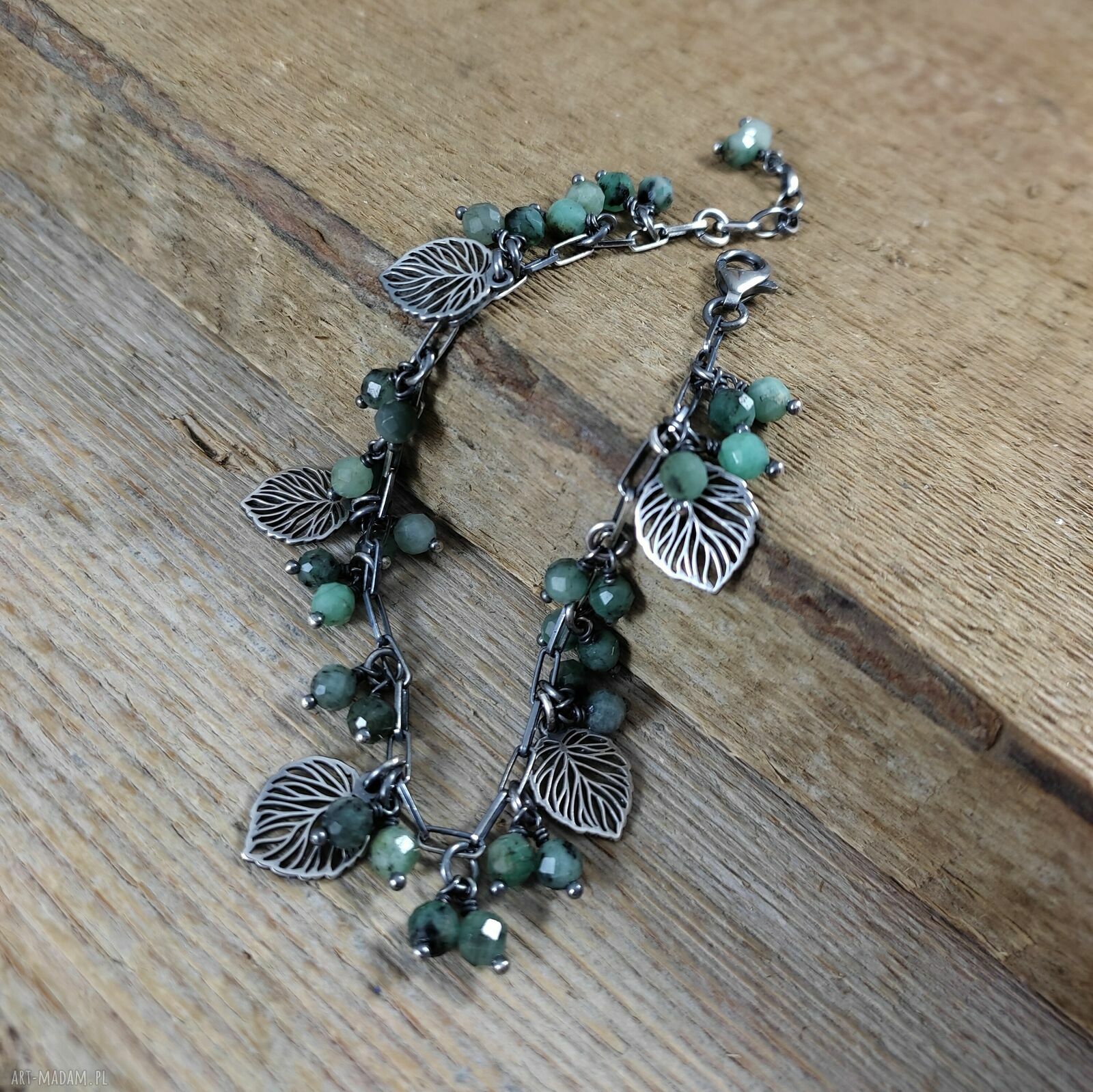 Bransoletka handmade ze szmaragdem - listki w srebrze oksydowanym