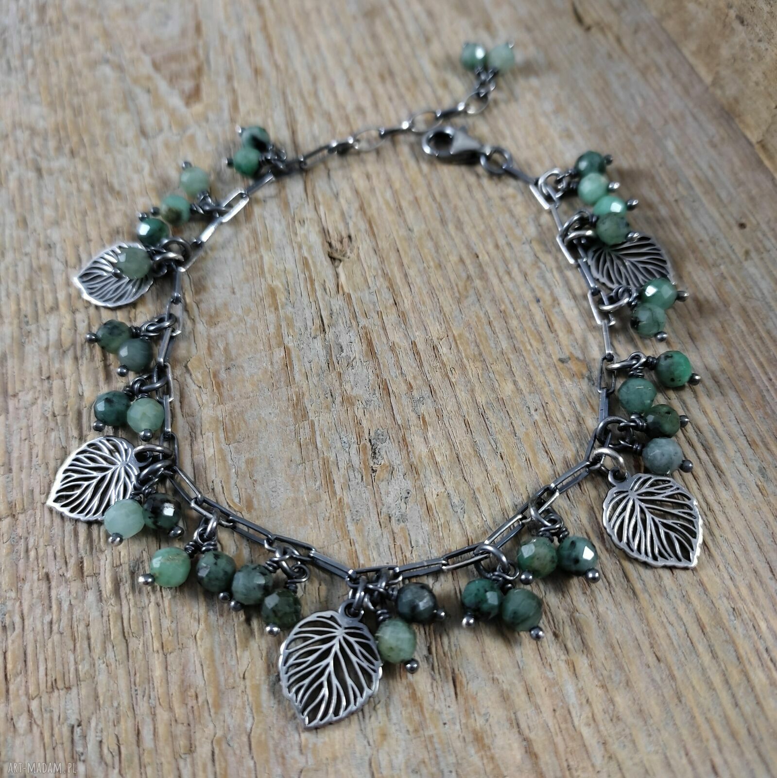 Bransoletka handmade ze szmaragdem - listki w srebrze oksydowanym