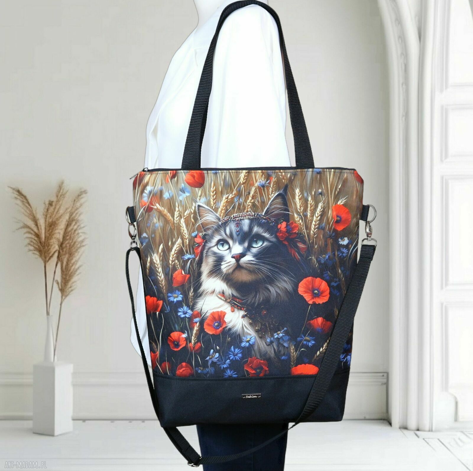 Pojemna listonoszka-shopperka KOT na ramię - handmade