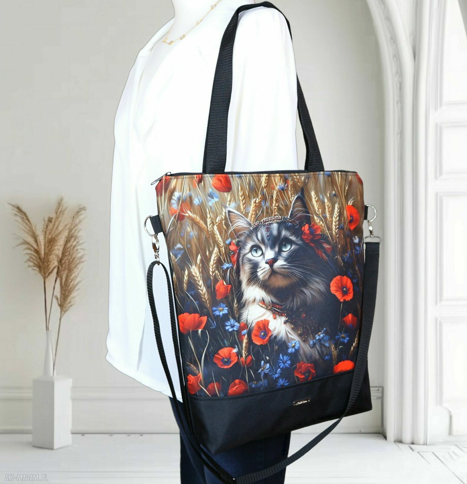 Pojemna listonoszka-shopperka KOT na ramię - handmade