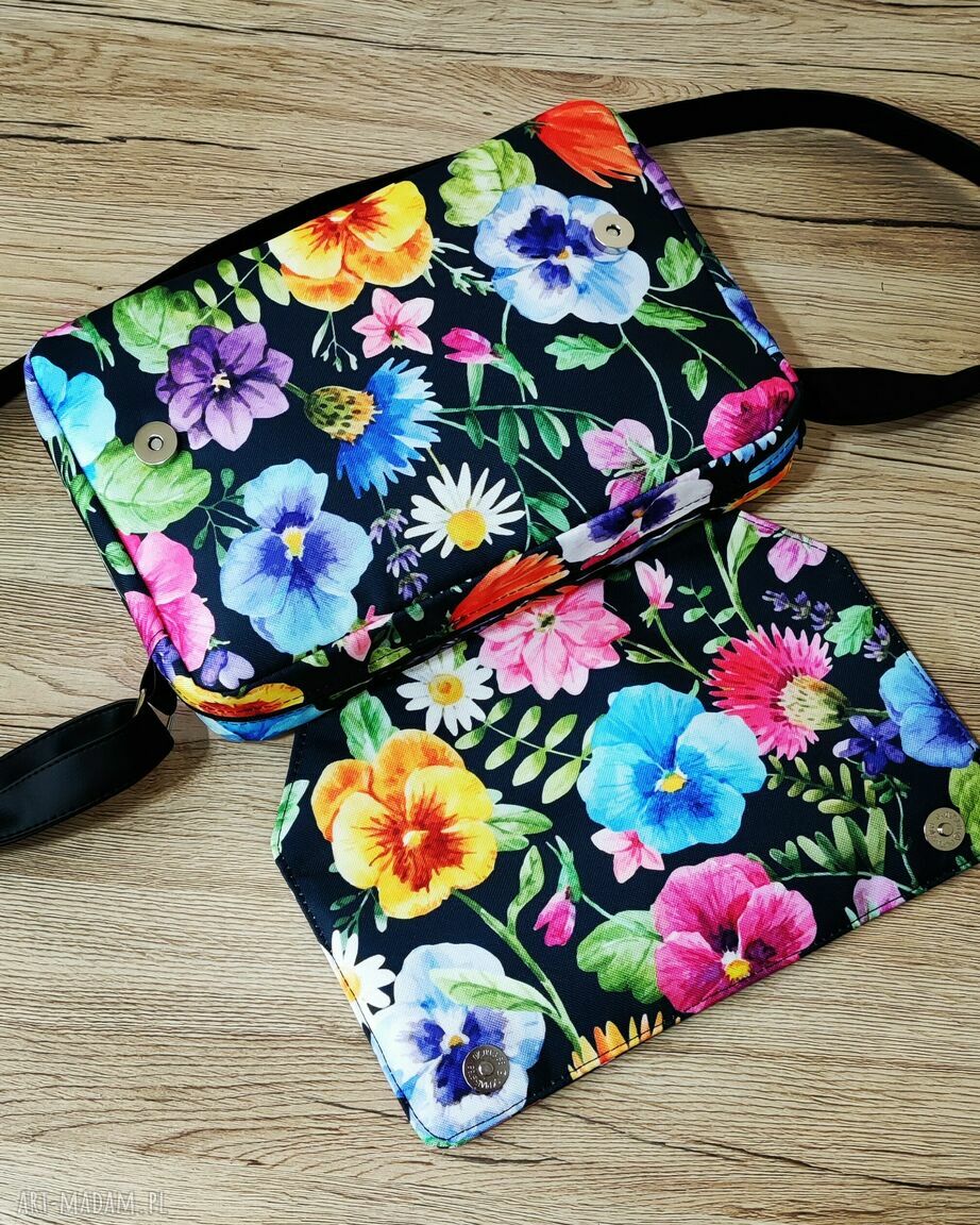 Listonoszka z klapką w bratki - torebka na ramię handmade