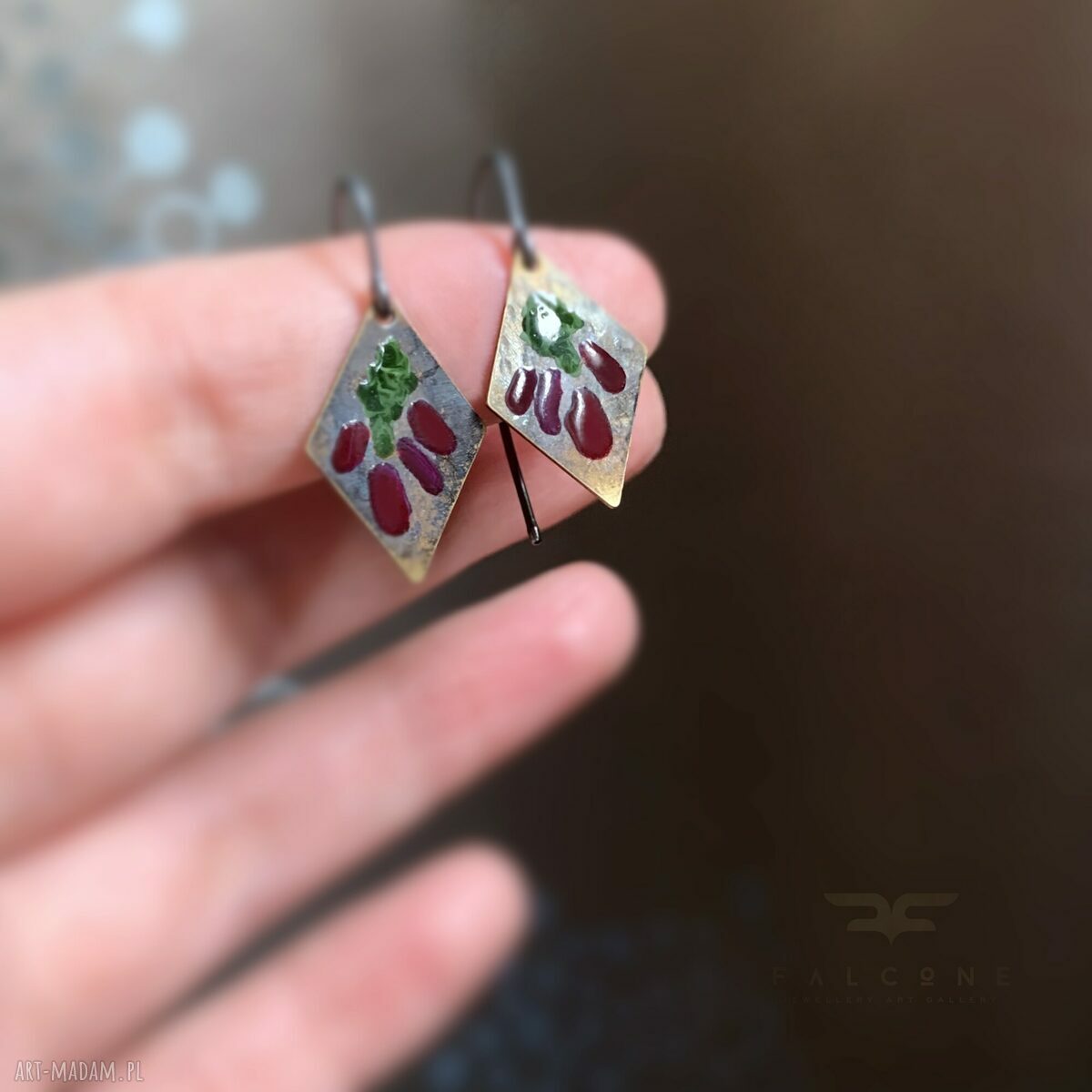 Kolczyki Little Flowers - antyczne bordo i ciemna zieleń ze srebra 925 i mosiądzu