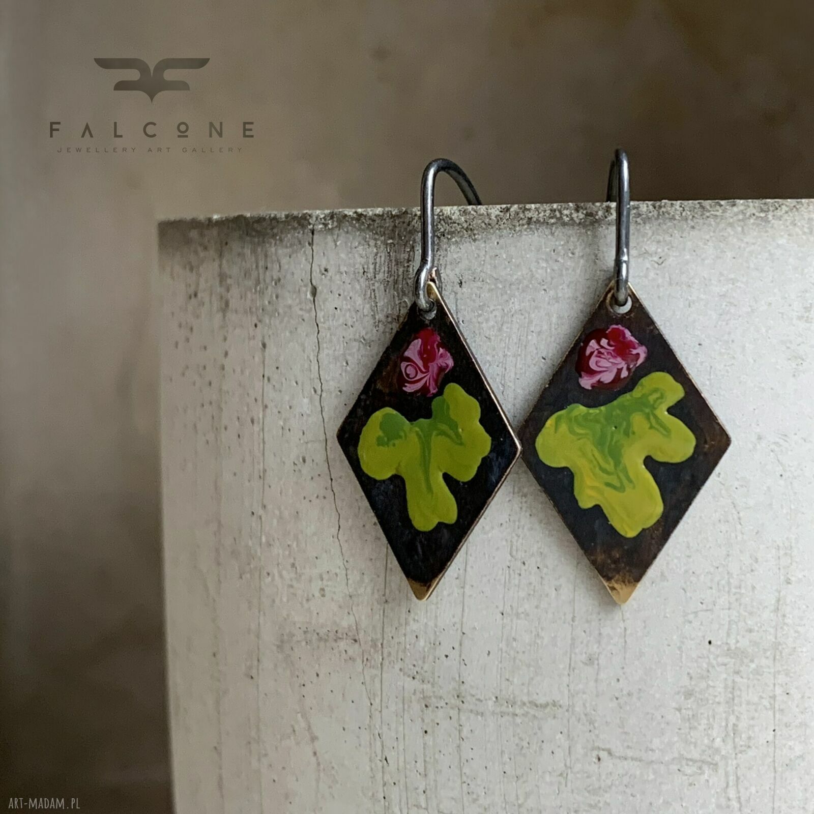 Kolczyki Little Flowers - bordo & green lime - ręcznie zdobione