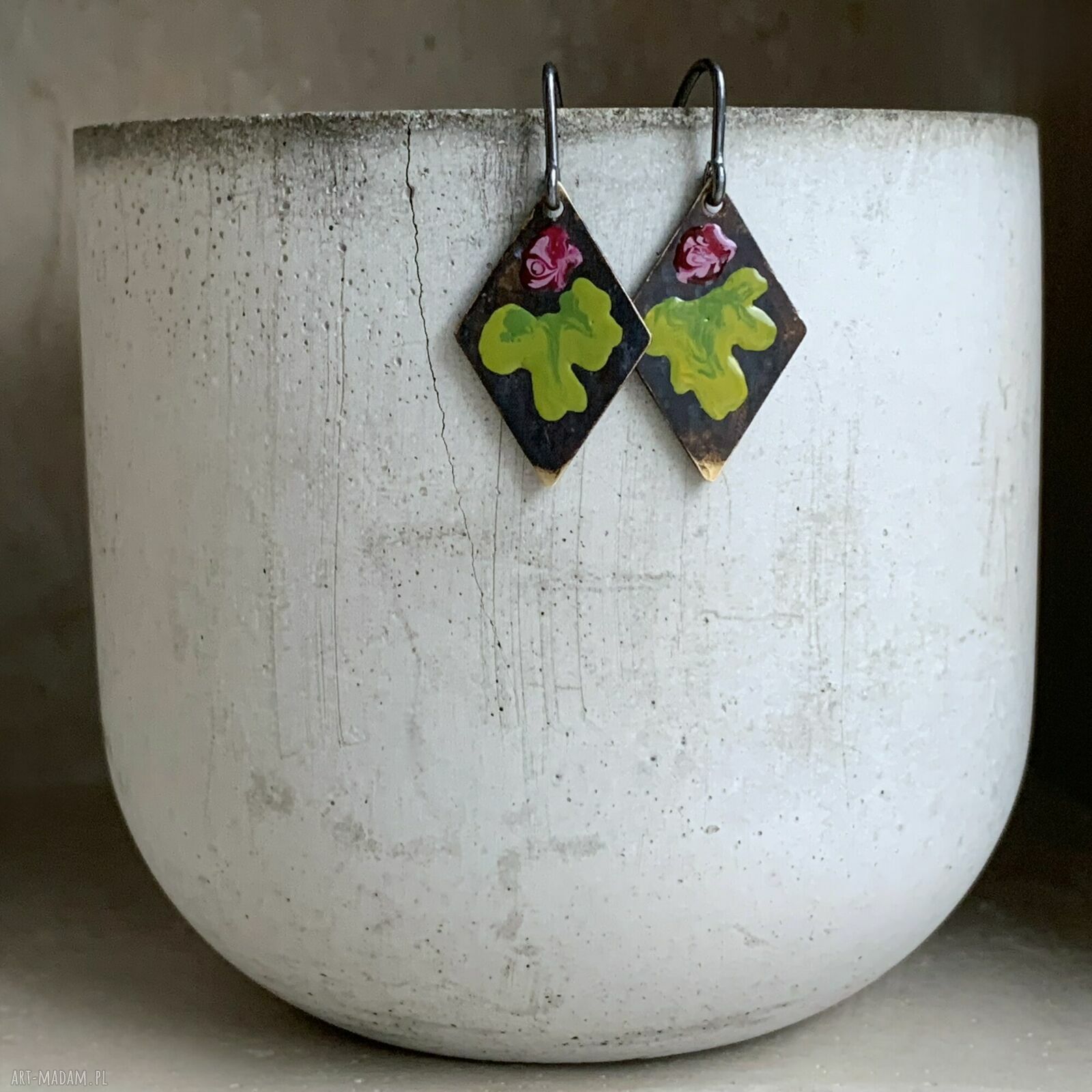 Kolczyki Little Flowers - bordo & green lime - ręcznie zdobione