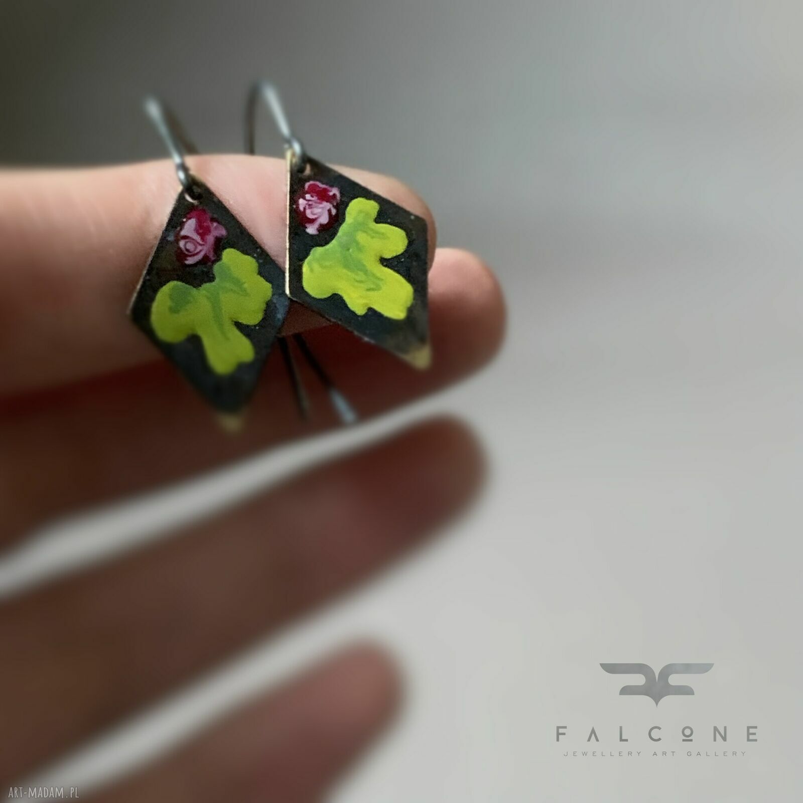 Kolczyki Little Flowers - bordo & green lime - ręcznie zdobione