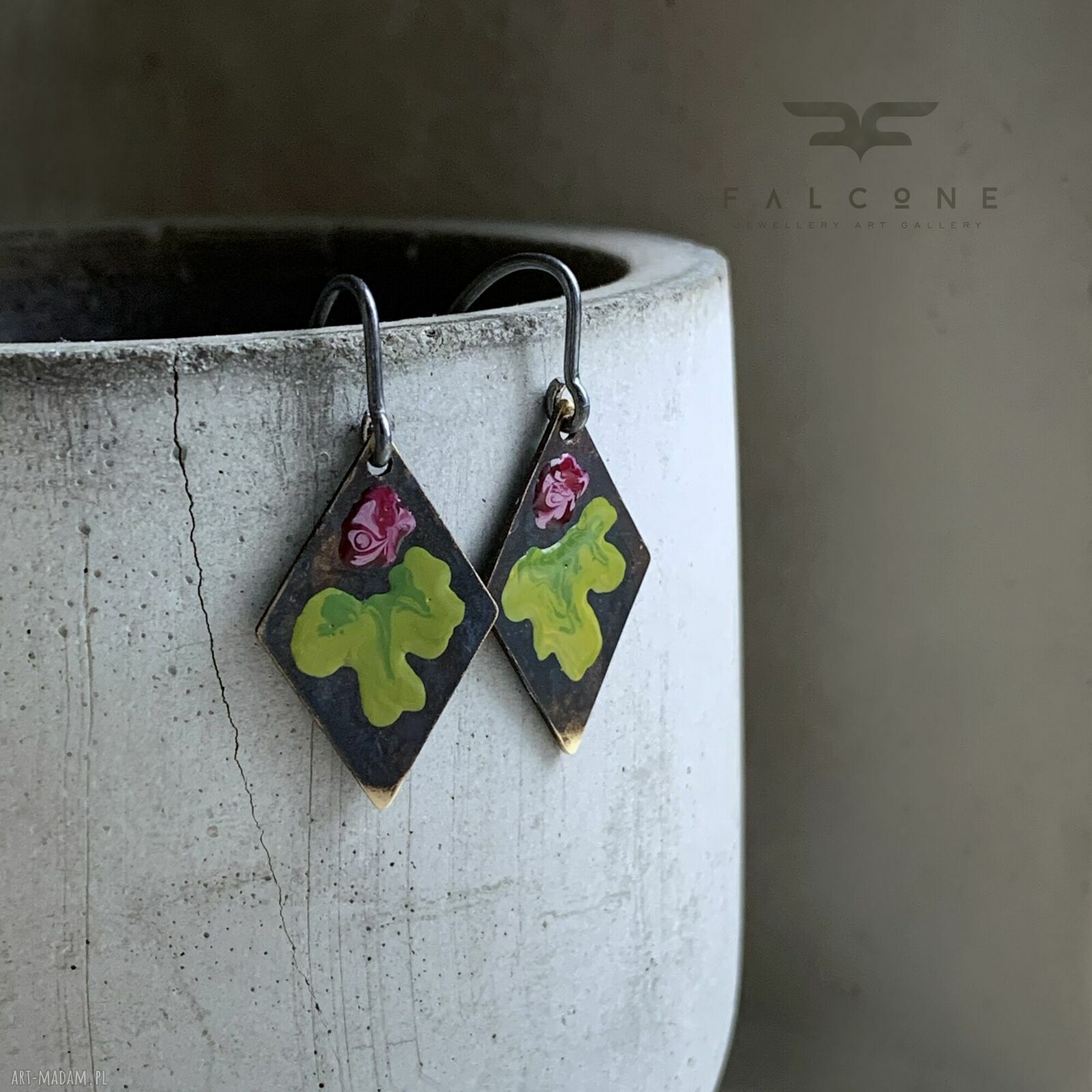 Kolczyki Little Flowers - bordo & green lime - ręcznie zdobione