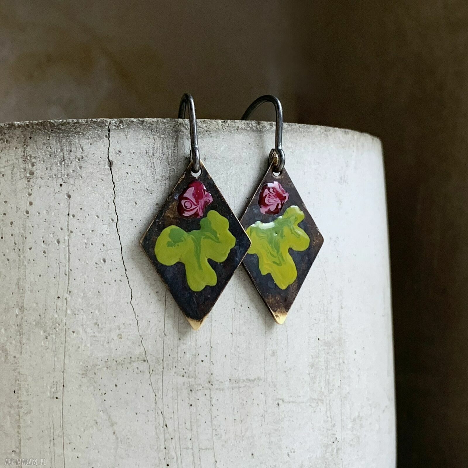 Kolczyki Little Flowers - bordo & green lime - ręcznie zdobione