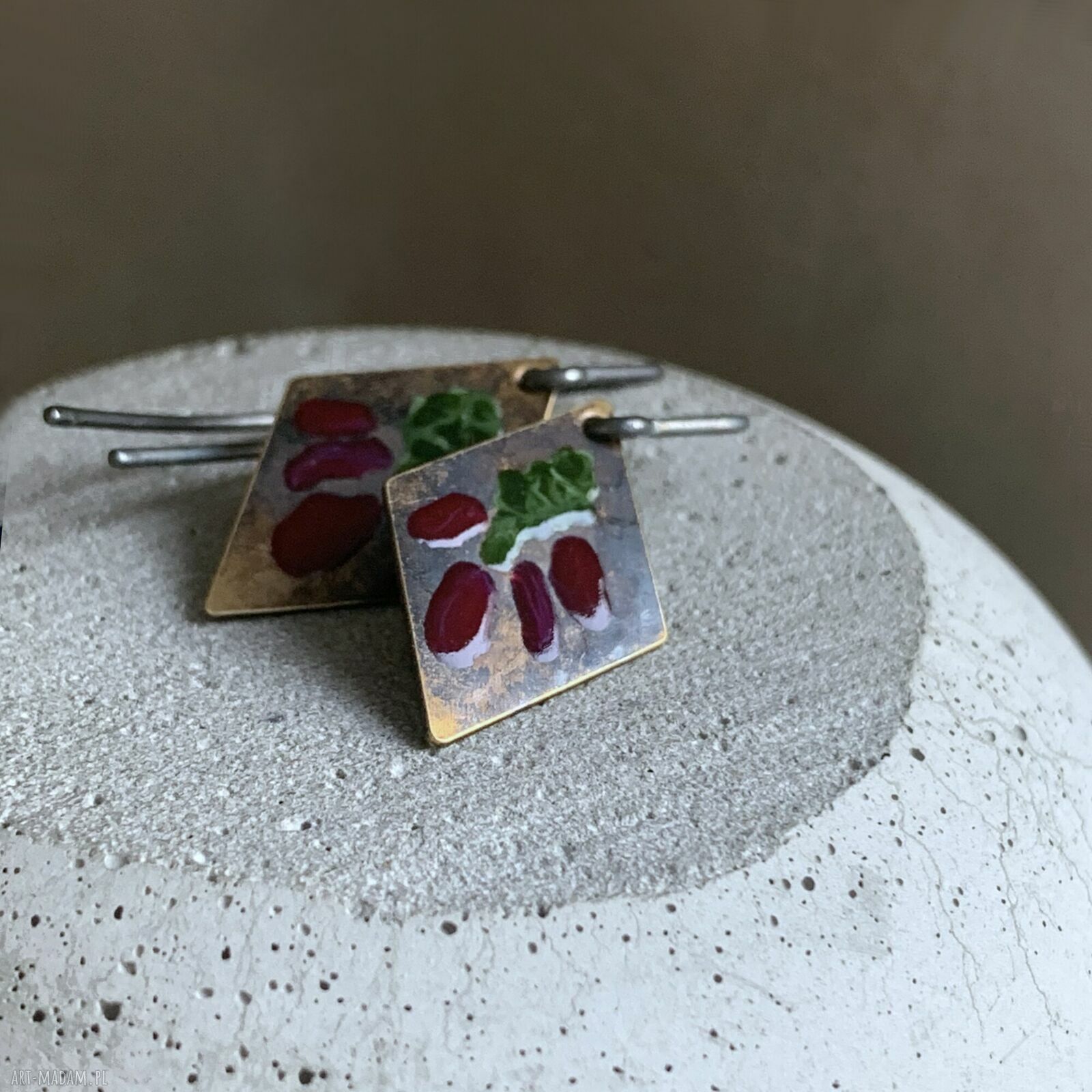 Kolczyki Little Flowers - antyczne bordo i ciemna zieleń ze srebra 925 i mosiądzu
