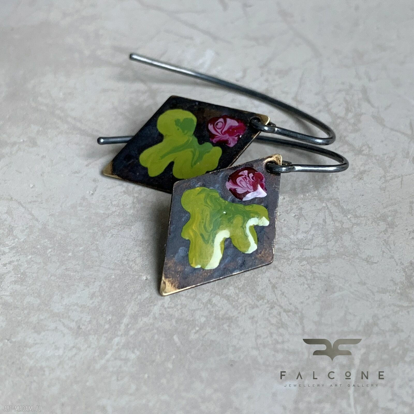 Kolczyki Little Flowers - bordo & green lime - ręcznie zdobione