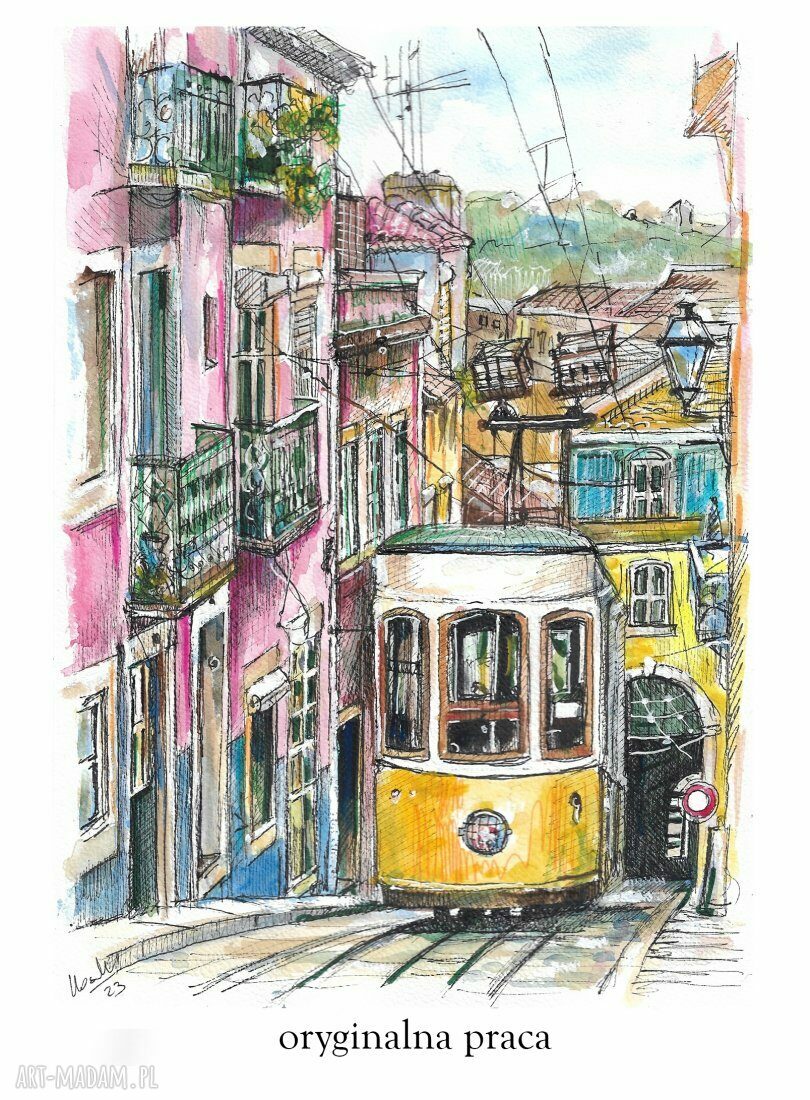Lizbona 4 - plakat A4 z tramwajem (ręcznie tworzona ilustracja)