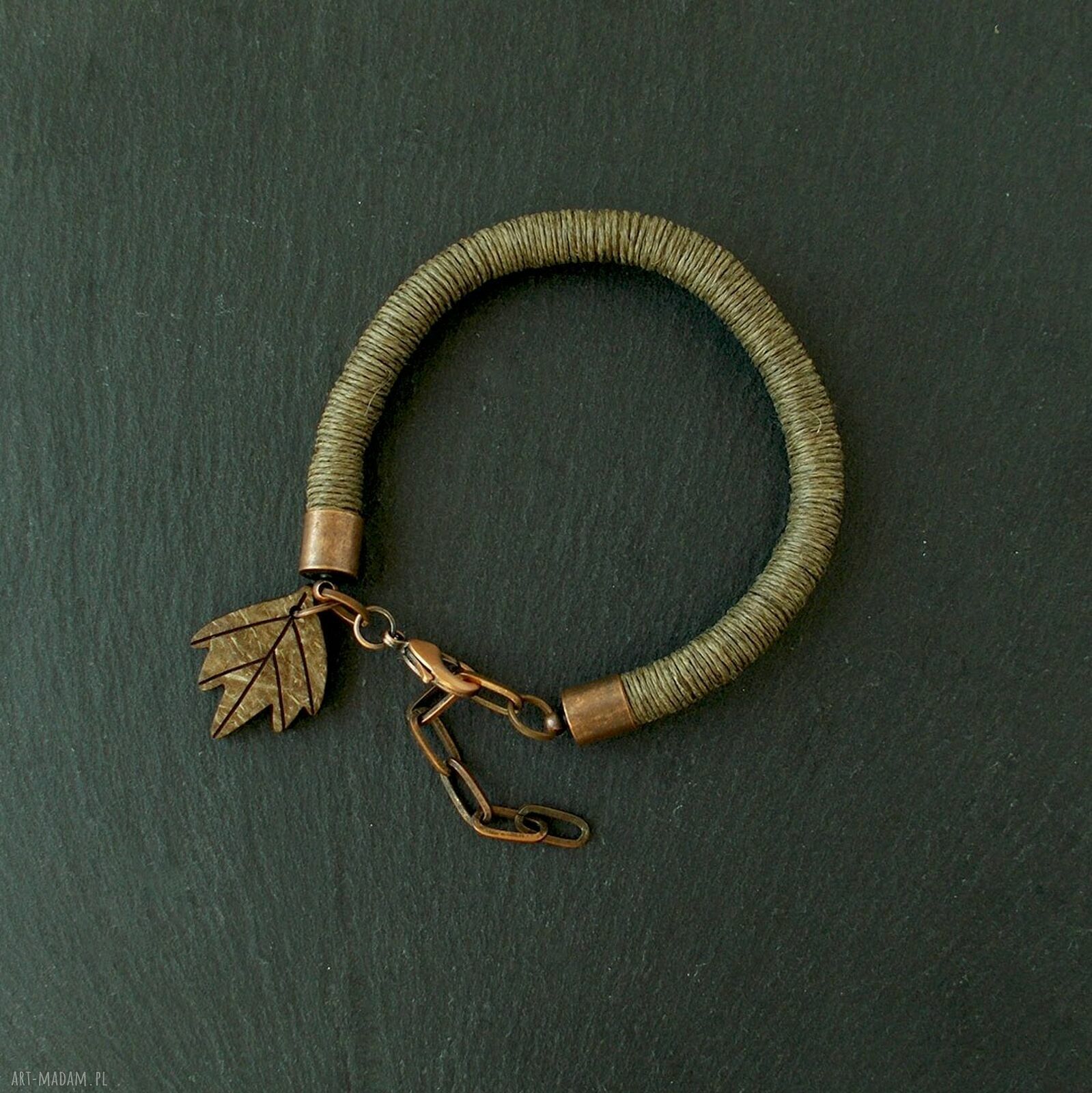 Lniana bransoletka z liściem - naturalna biżuteria handmade z lnu