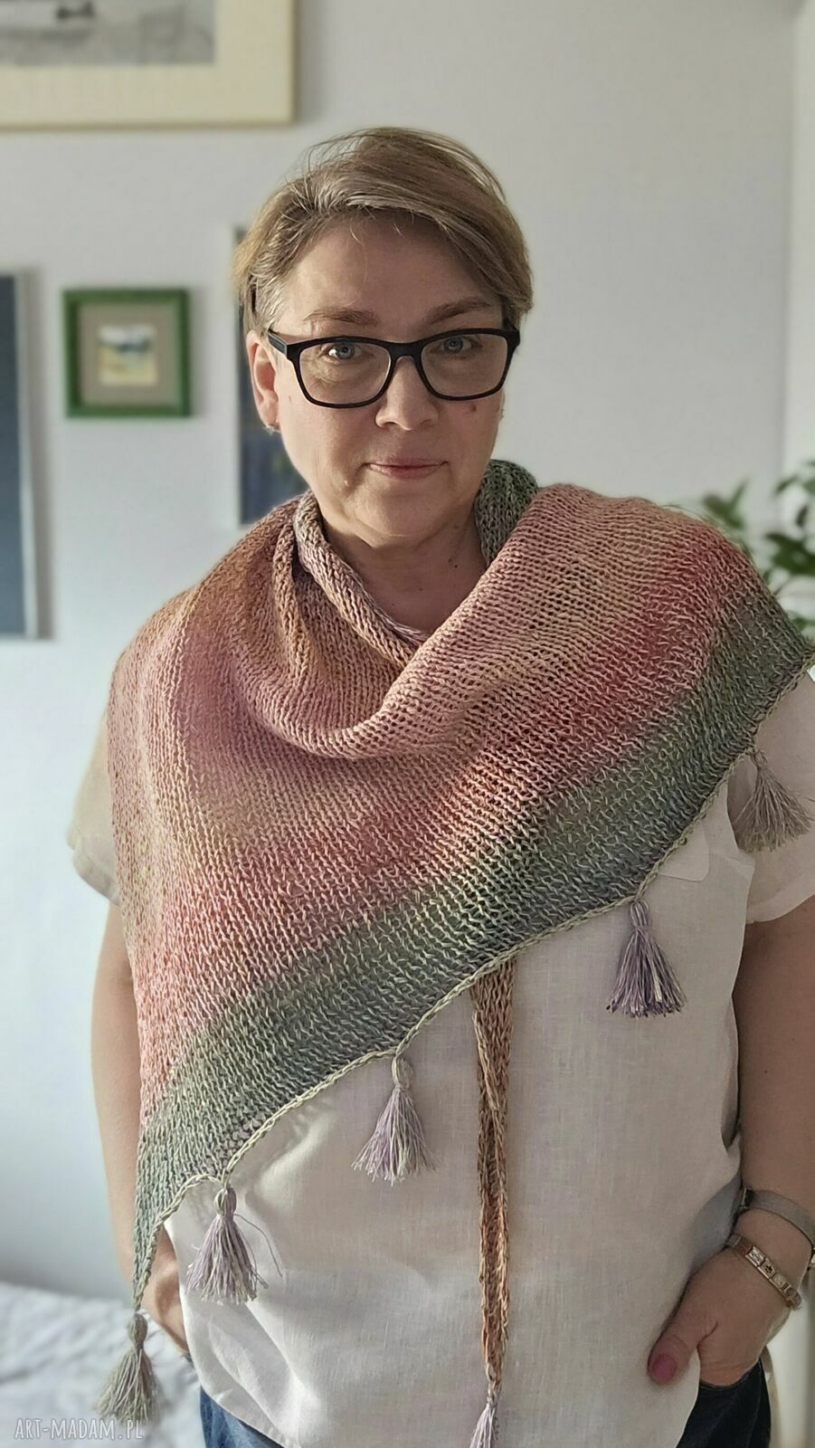 Lniana chusta boho na drutach z chwostami ok. 160 cm