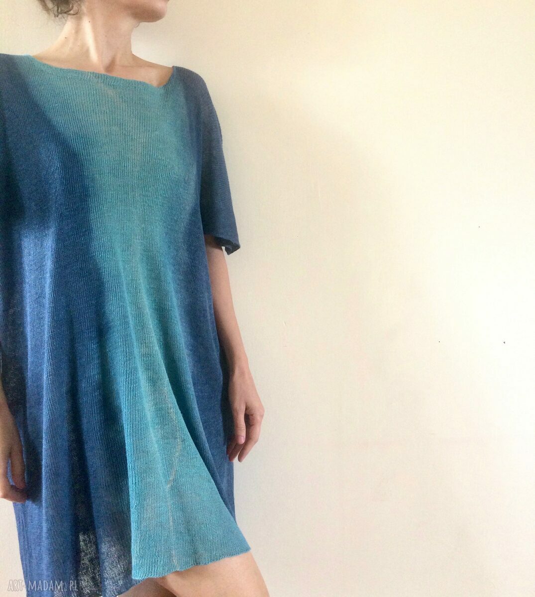 Luźna lniana tunika turkus i niebieski - one size oversize