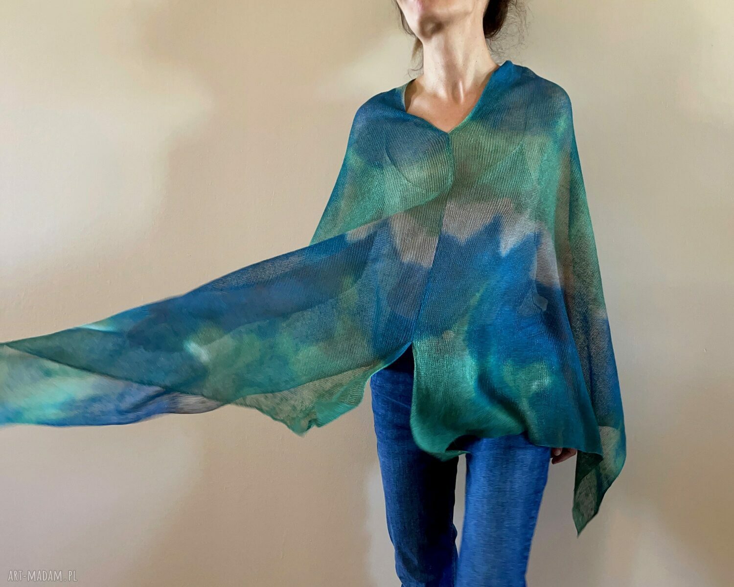 Lniana narzutka-poncho w kolorze morza z 100% lnu (handmade)