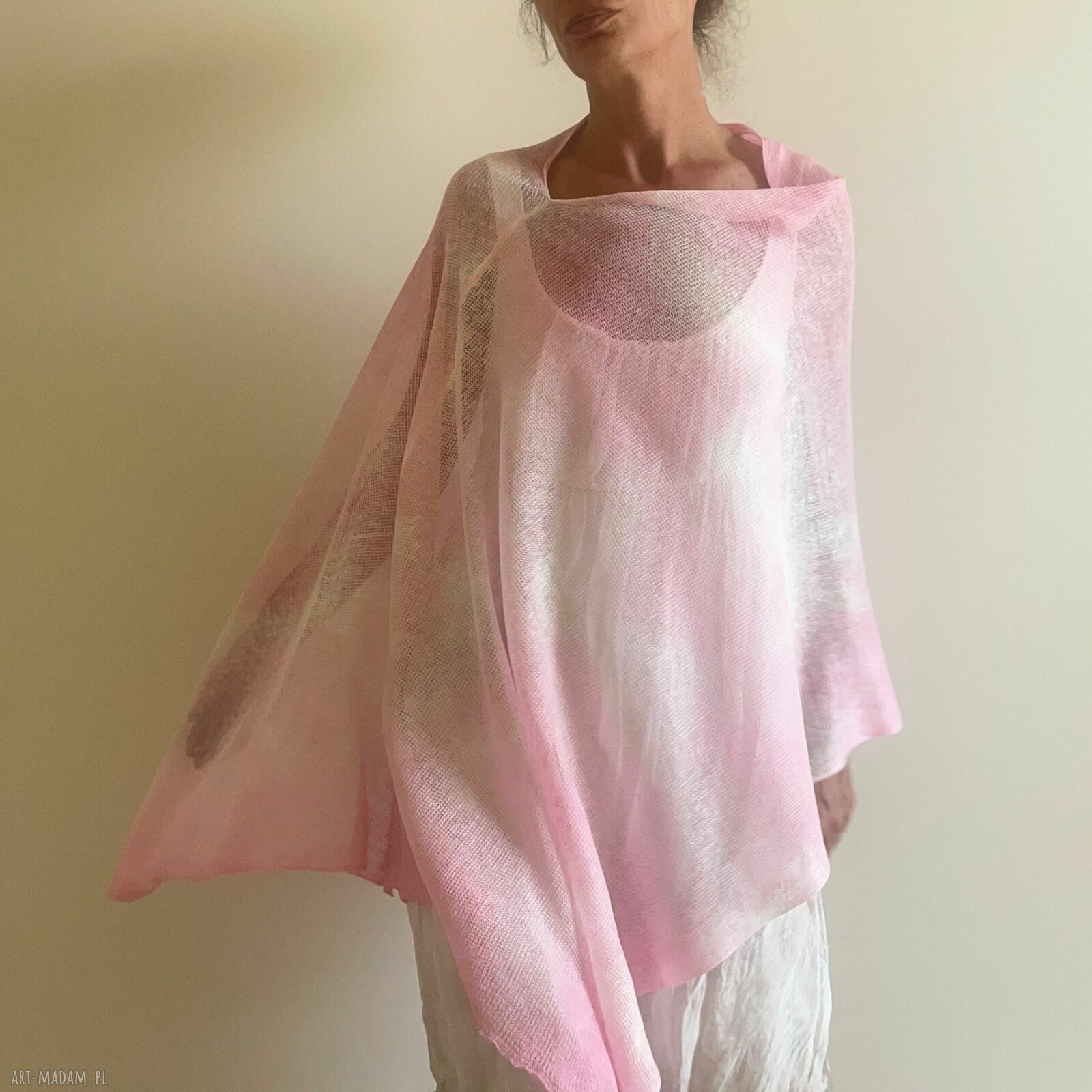 Narzutka lniana w jasnym różu - poncho handmade na dzień i na uroczyste wyjście