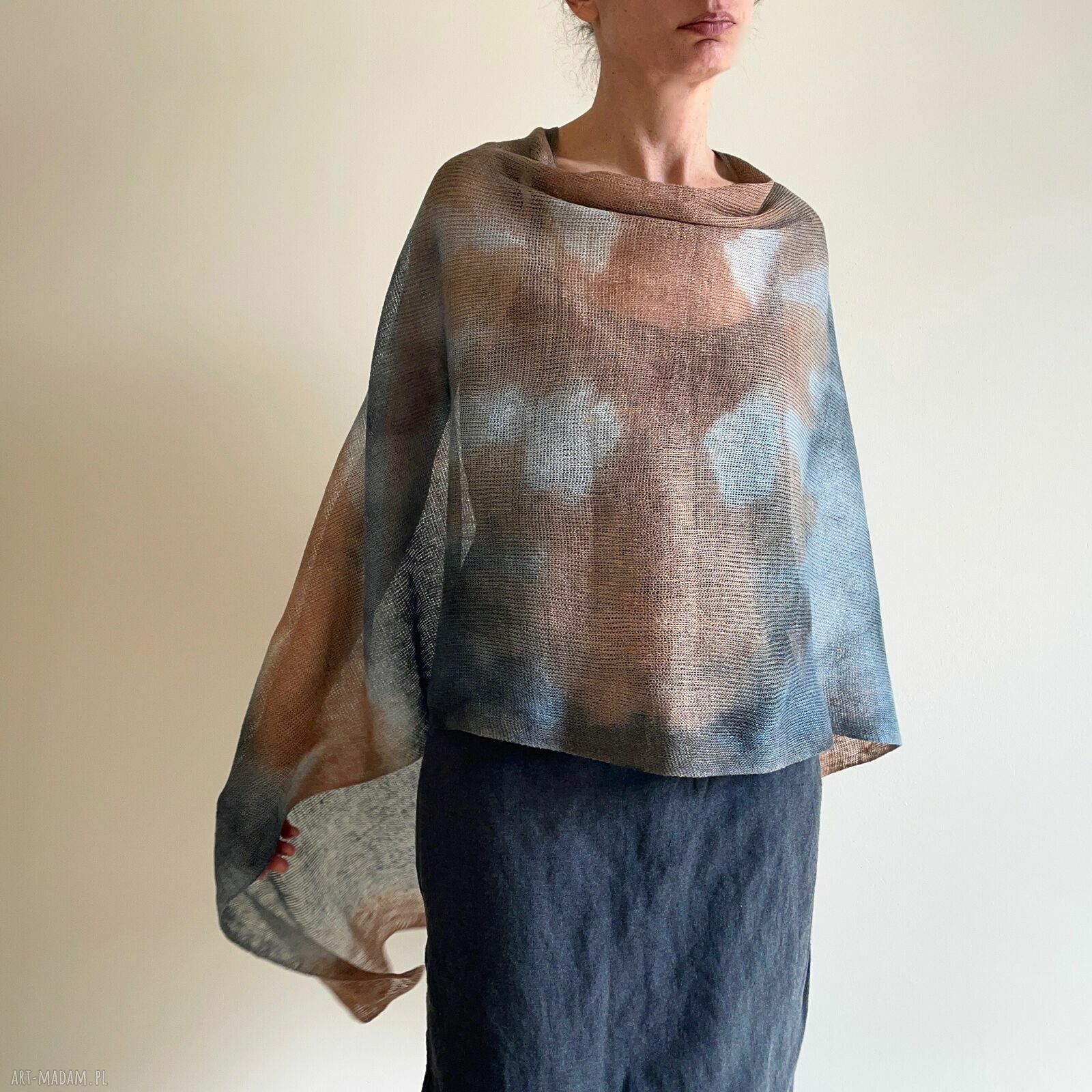 Narzutka lniana beż i szary - tuniko-poncho one size