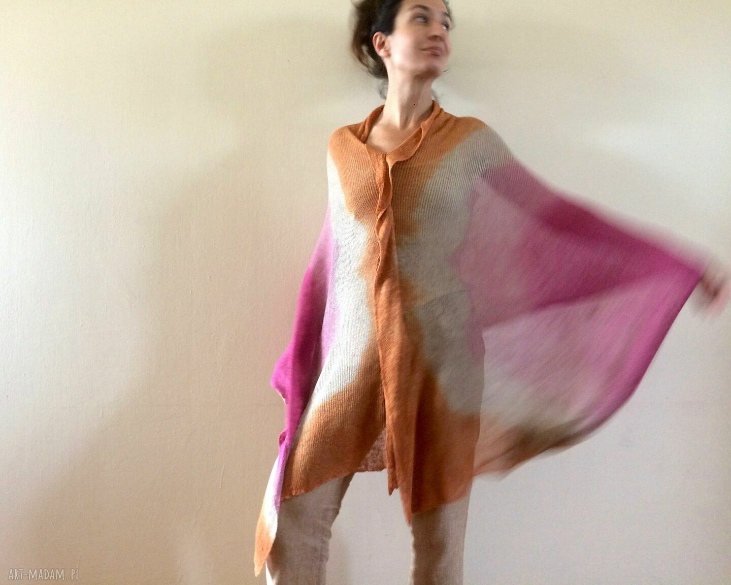Lniana narzutka ponczo tunika oversize - 100% len pomarańcz i amarant