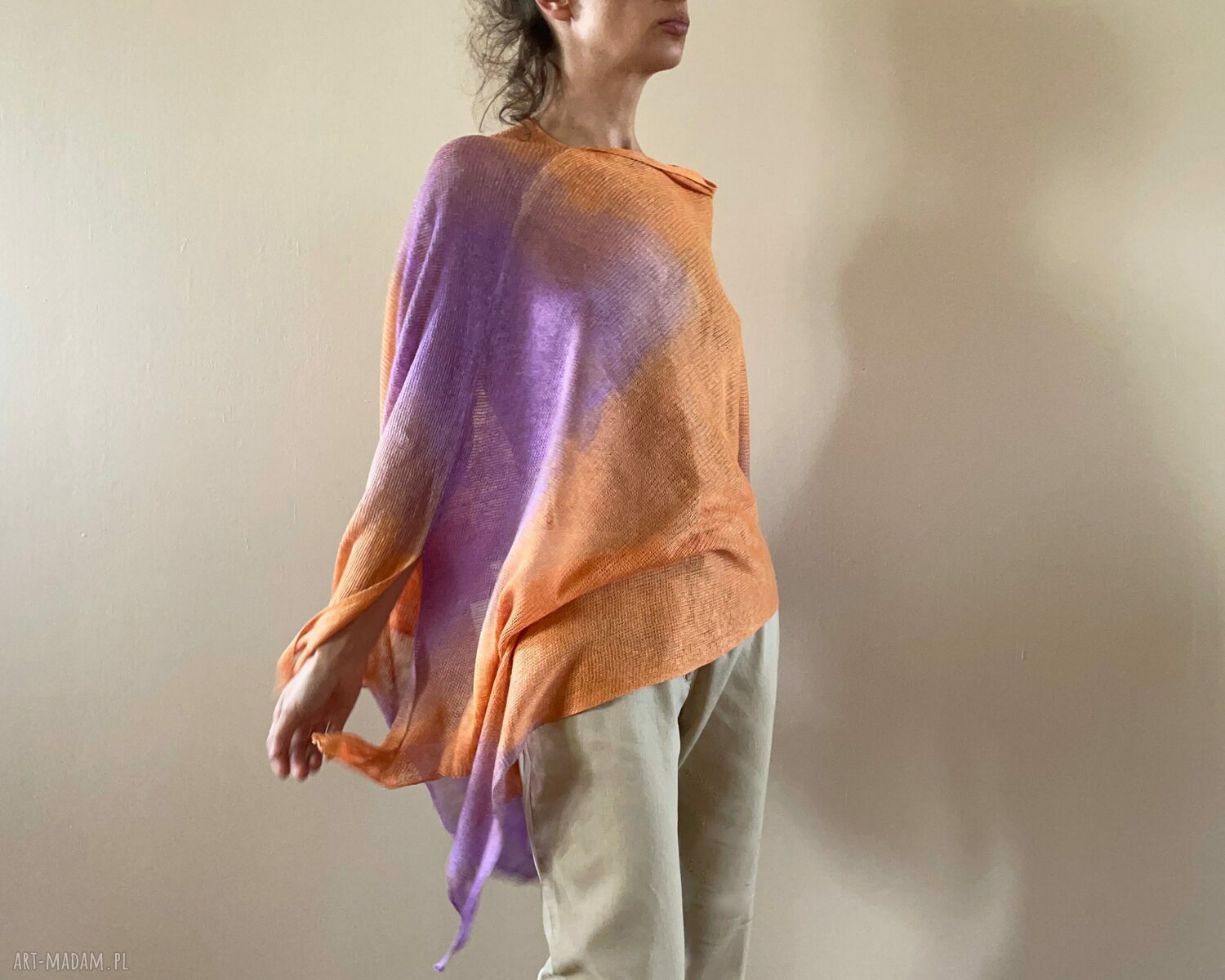 Lniana narzutka lila i orange - ponczo z 100% lnu