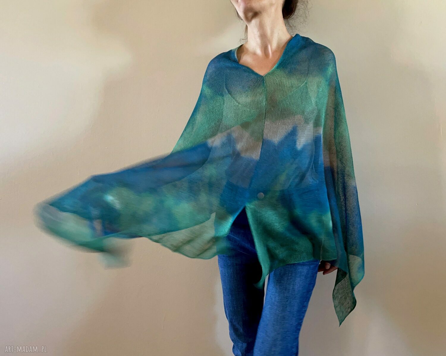 Lniana narzutka-poncho w kolorze morza z 100% lnu (handmade)