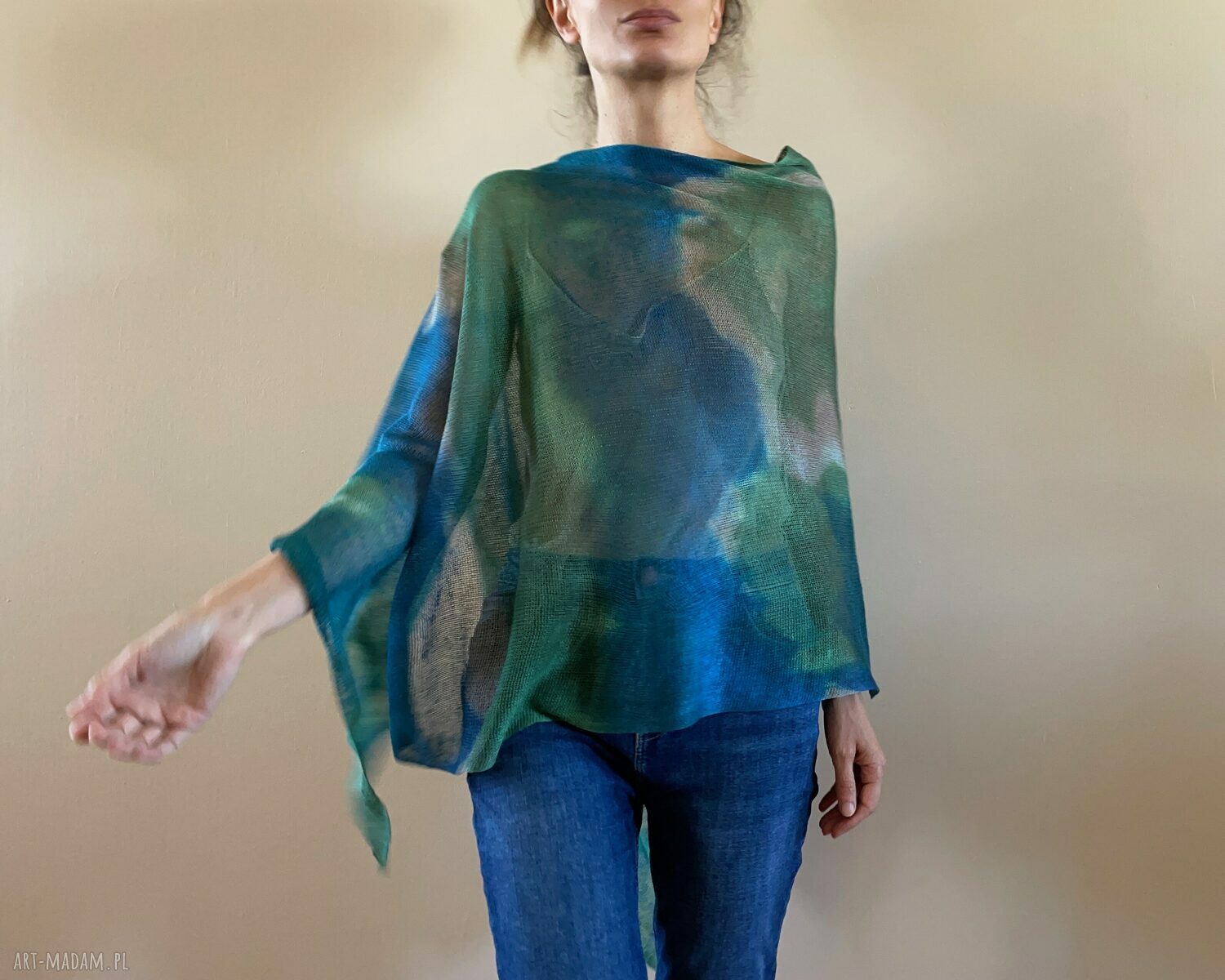 Lniana narzutka-poncho w kolorze morza z 100% lnu (handmade)
