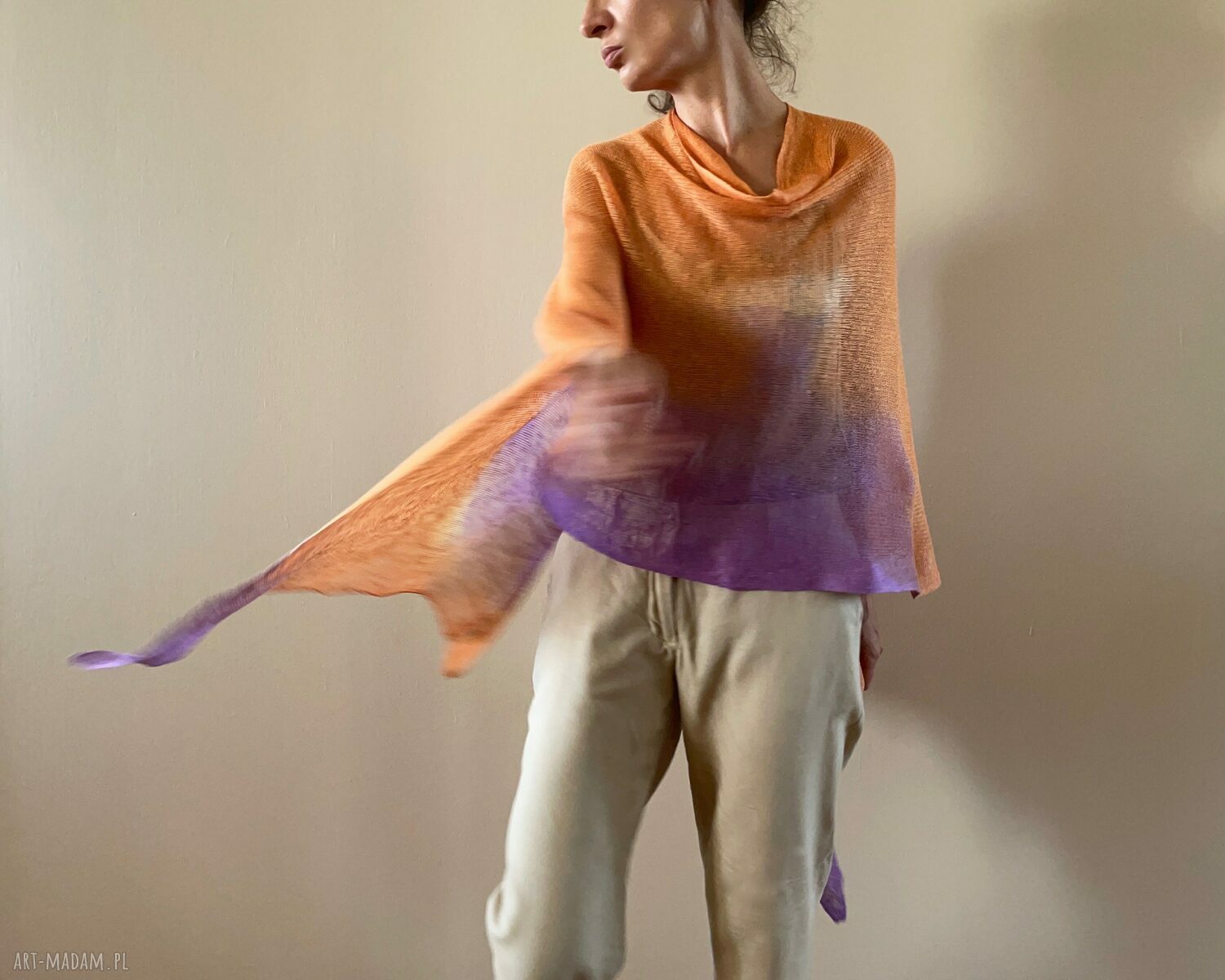 Lniana narzutka lila i orange - ponczo z 100% lnu