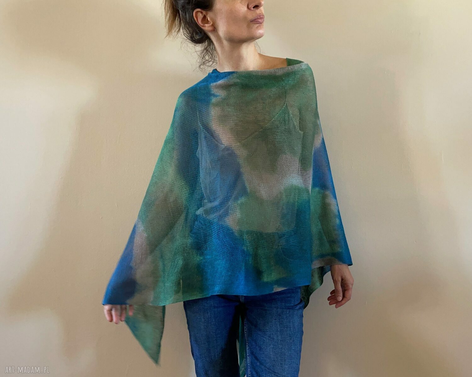 Lniana narzutka-poncho w kolorze morza z 100% lnu (handmade)