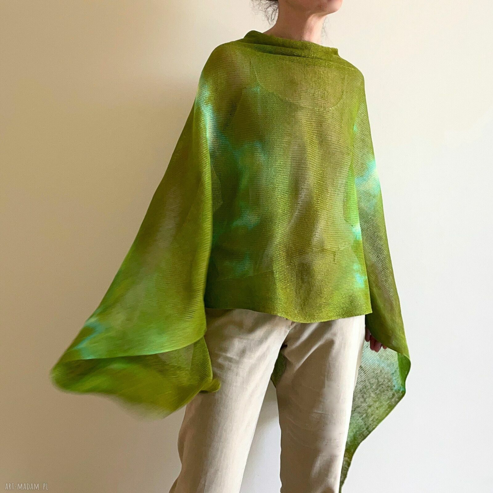 Lniana narzutka - poncho tunika w ciepłej zieleni z lnu (handmade)