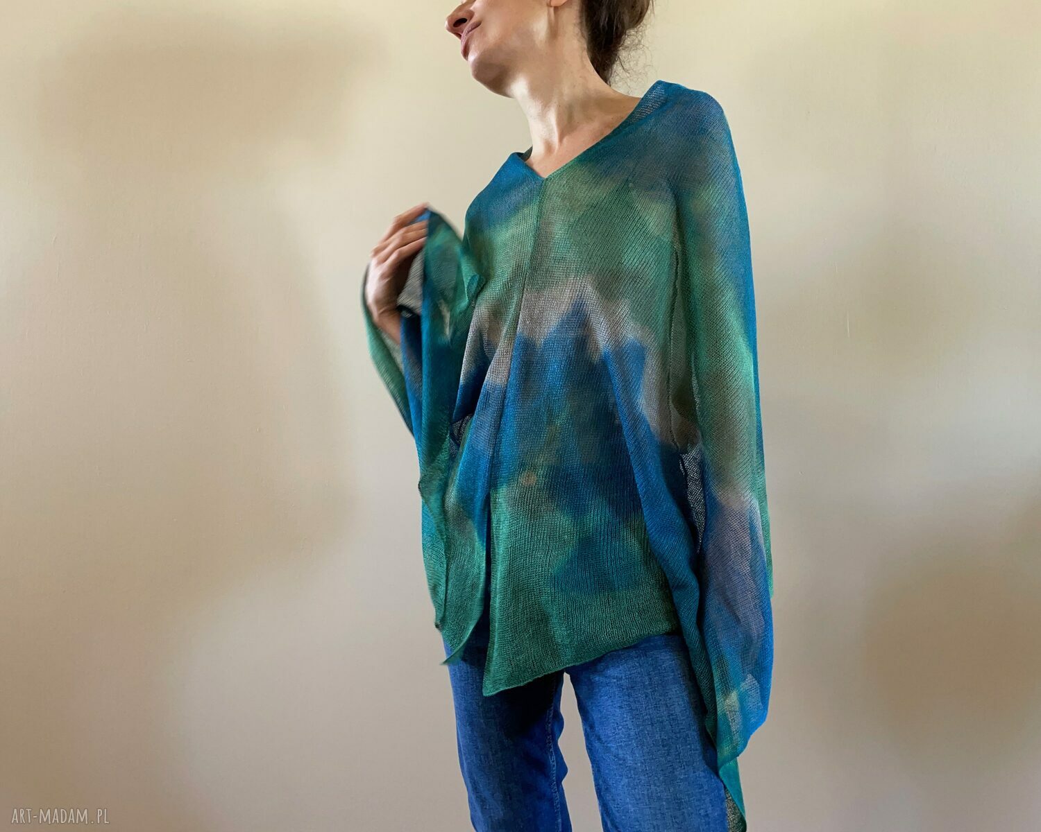 Lniana narzutka-poncho w kolorze morza z 100% lnu (handmade)