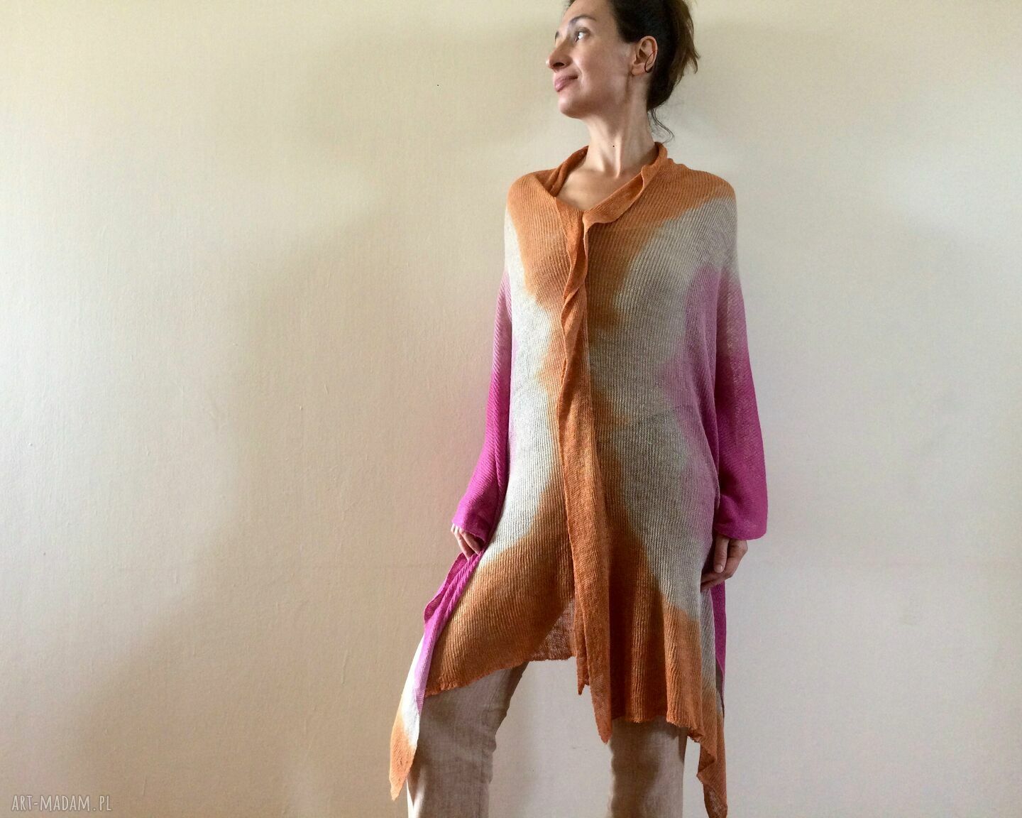 Lniana narzutka ponczo tunika oversize - 100% len pomarańcz i amarant