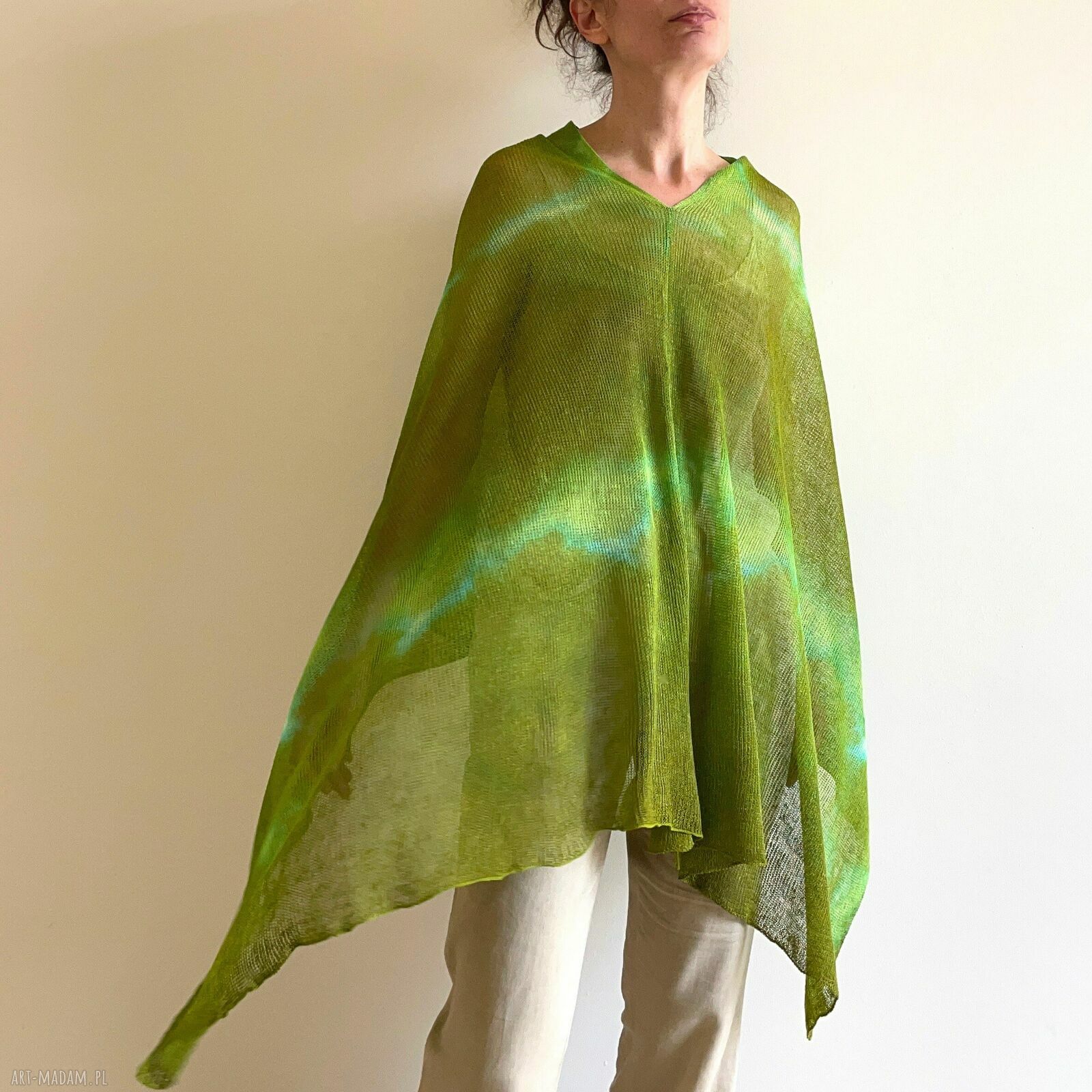 Lniana narzutka - poncho tunika w ciepłej zieleni z lnu (handmade)
