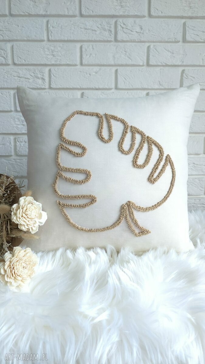 Lniana poszewka 40x40 z liściem dębu - styl boho do salonu