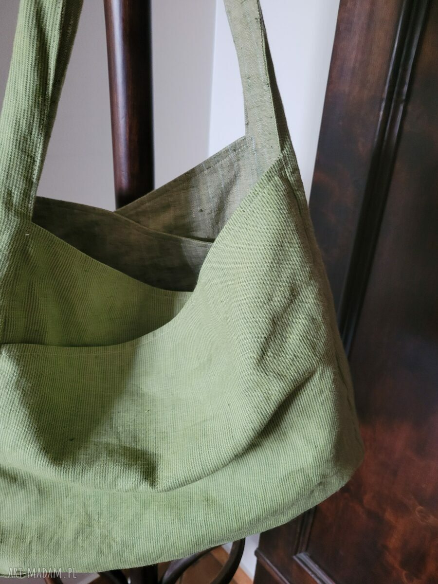 Torba lniana dwustronna na ramię z lnu 100% - 49x38 cm (zielone i oliwkowe paski)
