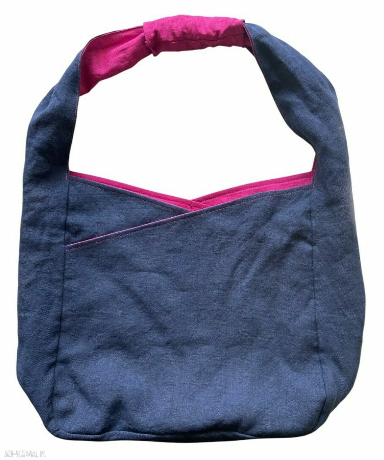 Torba lniana dwustronna 100% naturalny len 49x38 cm na ramię - różowy i granatowy