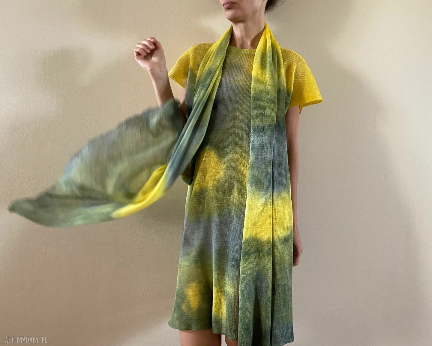 Lniana tunika żółto-szara one size - oversize S/M/L, 100% len