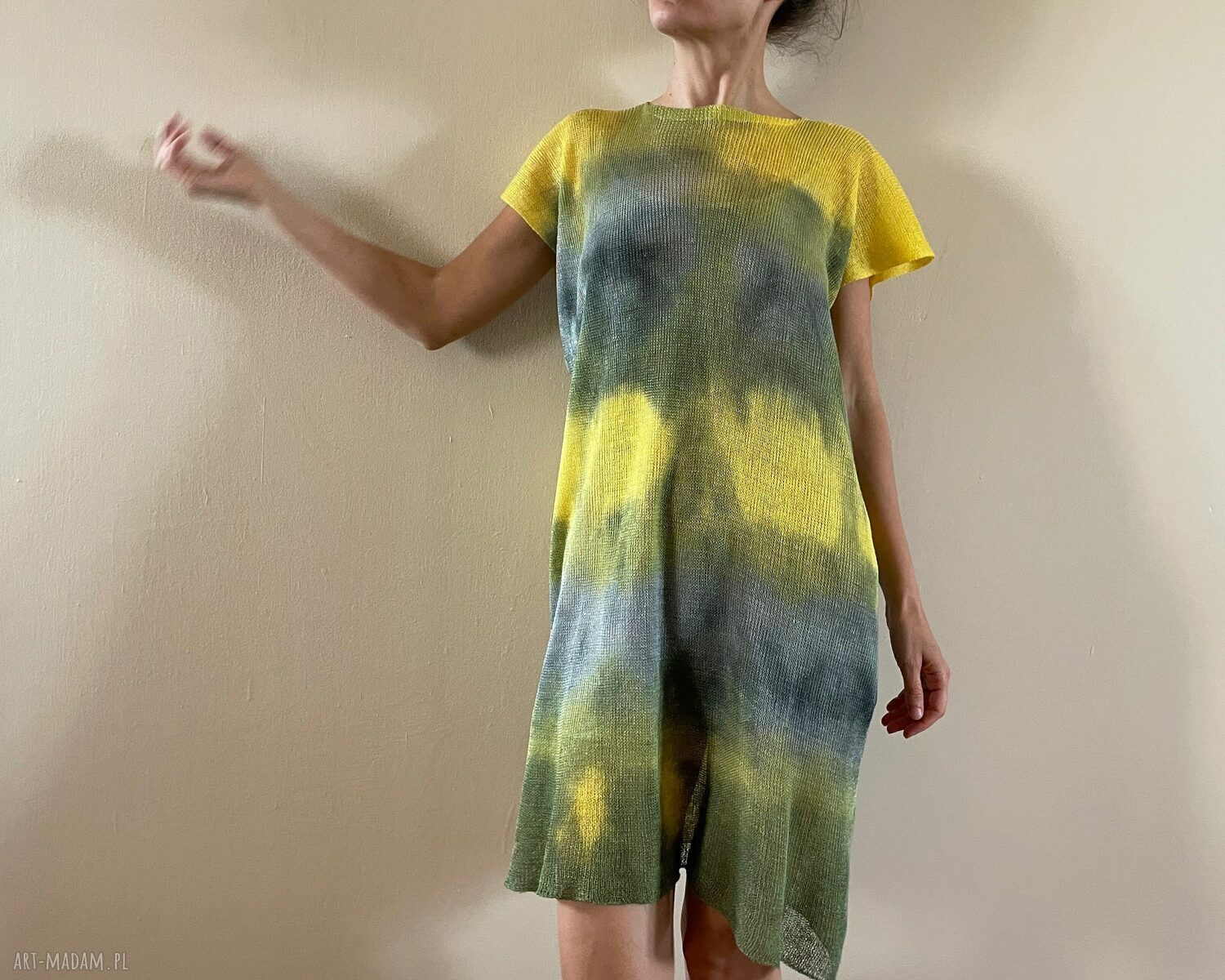 Lniana tunika żółto-szara one size - oversize S/M/L, 100% len