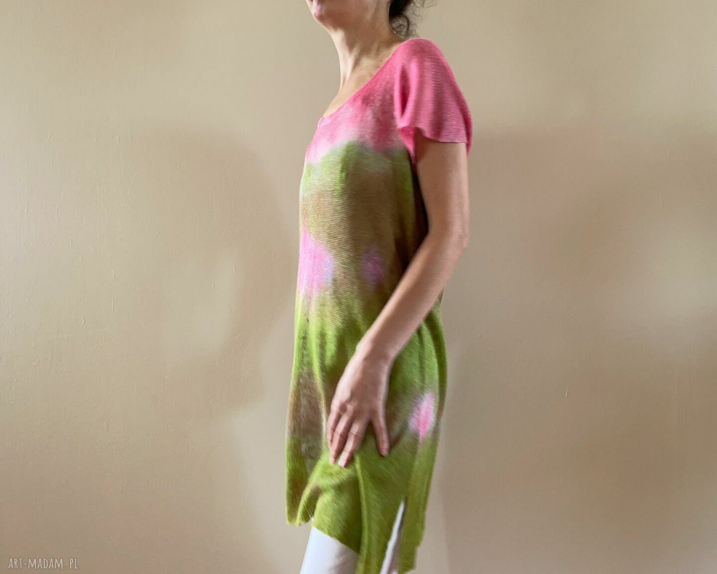 Ręcznie barwiona lniana tunika róż i zieleń 100% len one size S/M/L