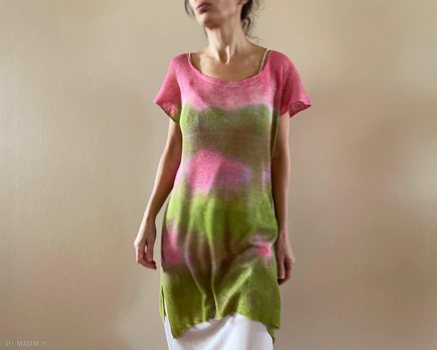 Ręcznie barwiona lniana tunika róż i zieleń 100% len one size S/M/L