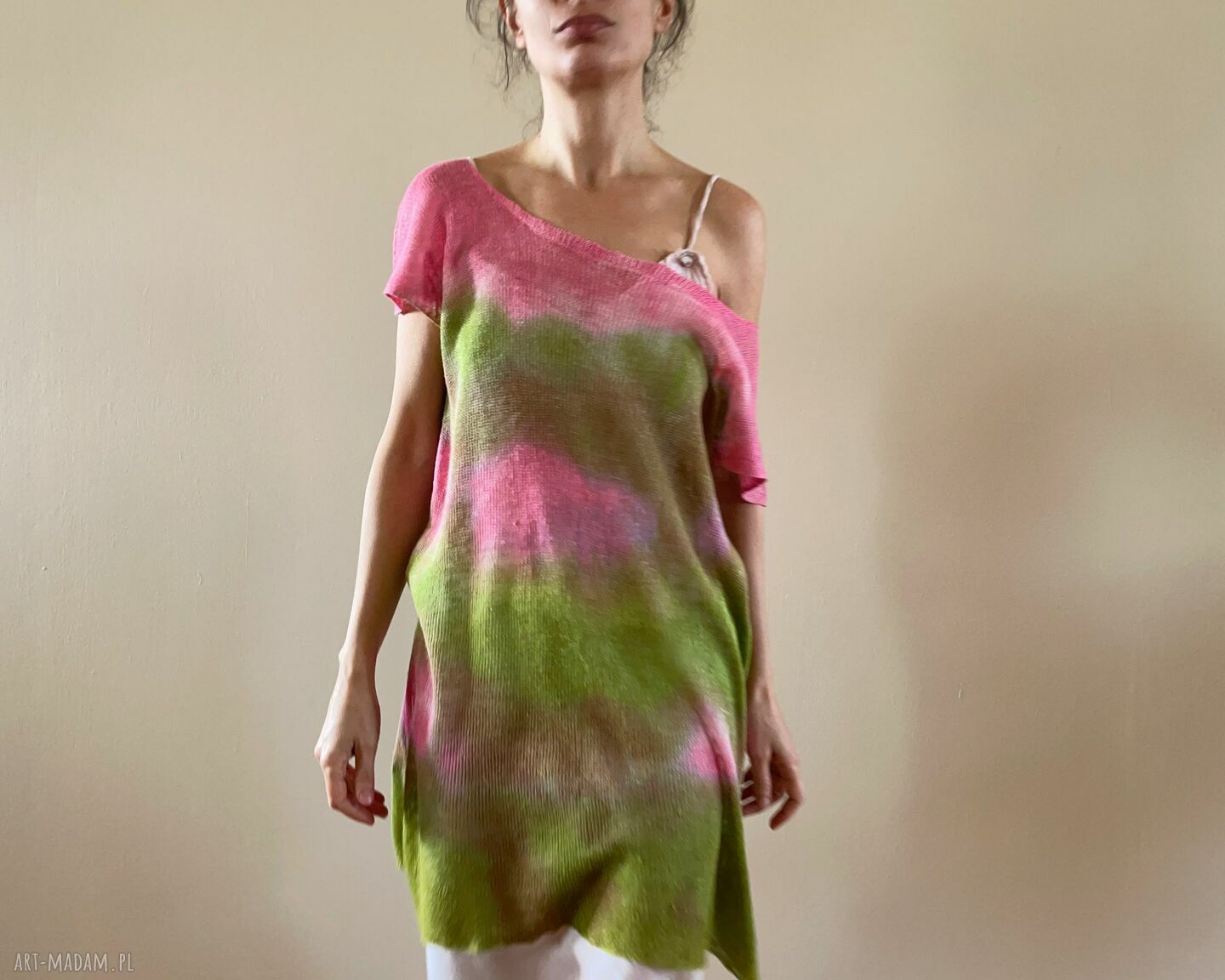 Ręcznie barwiona lniana tunika róż i zieleń 100% len one size S/M/L