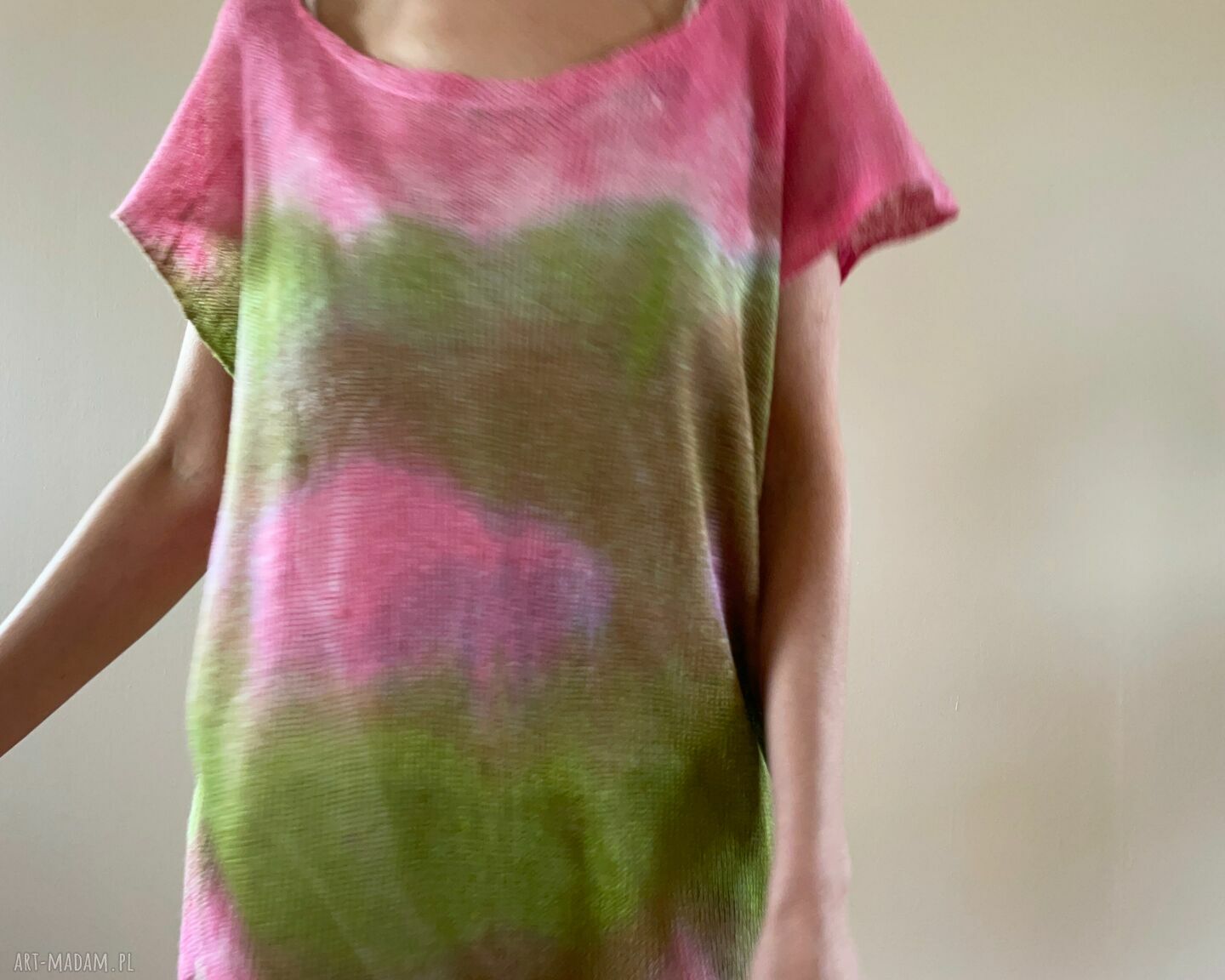 Ręcznie barwiona lniana tunika róż i zieleń 100% len one size S/M/L