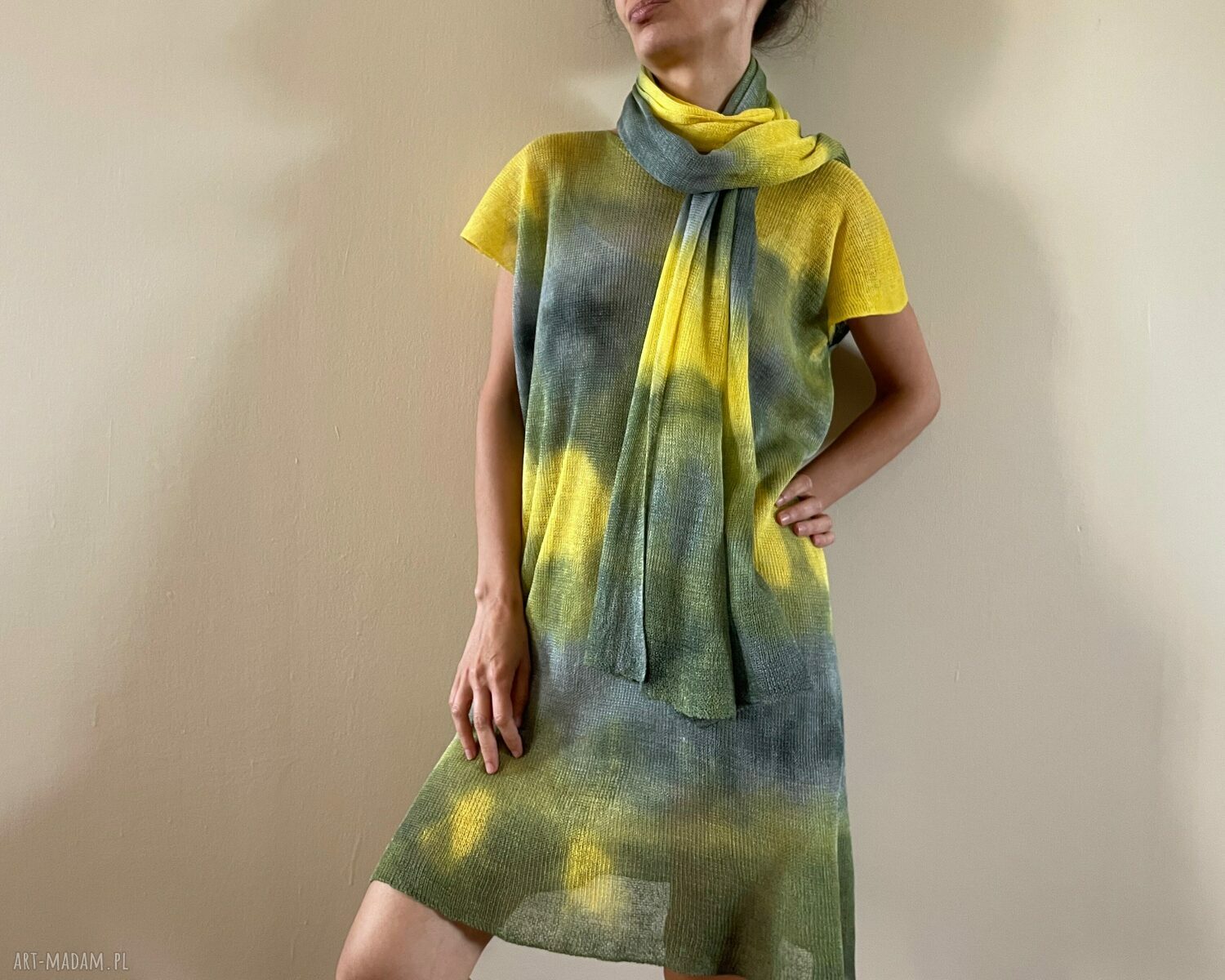 Lniana tunika żółto-szara one size - oversize S/M/L, 100% len