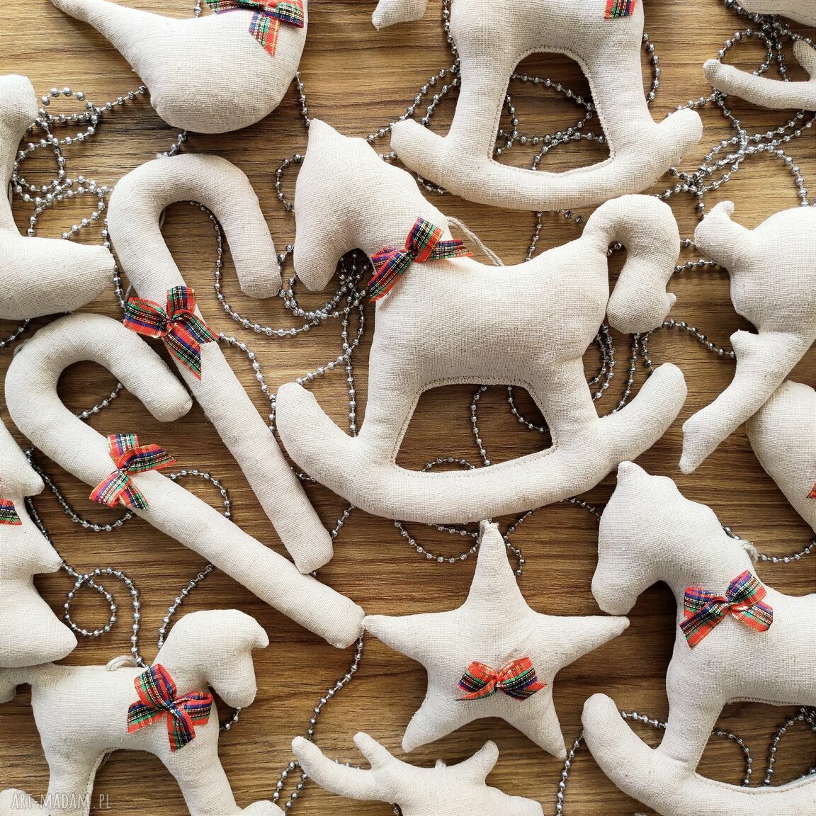 prezenty święta: Lniane ozdoby choinkowe zestaw 18 sztuk handmade