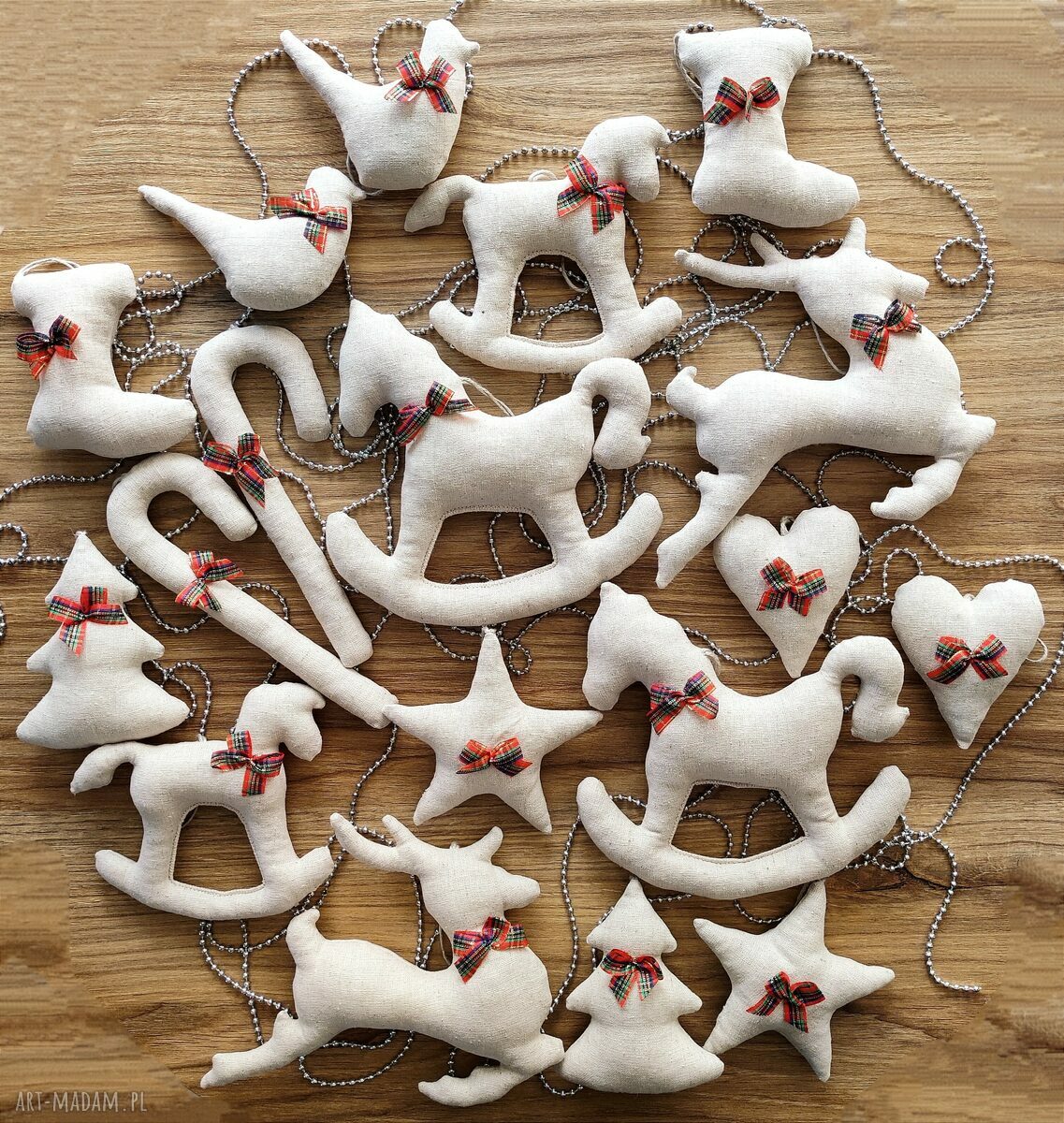 prezenty święta: Lniane ozdoby choinkowe zestaw 18 sztuk handmade