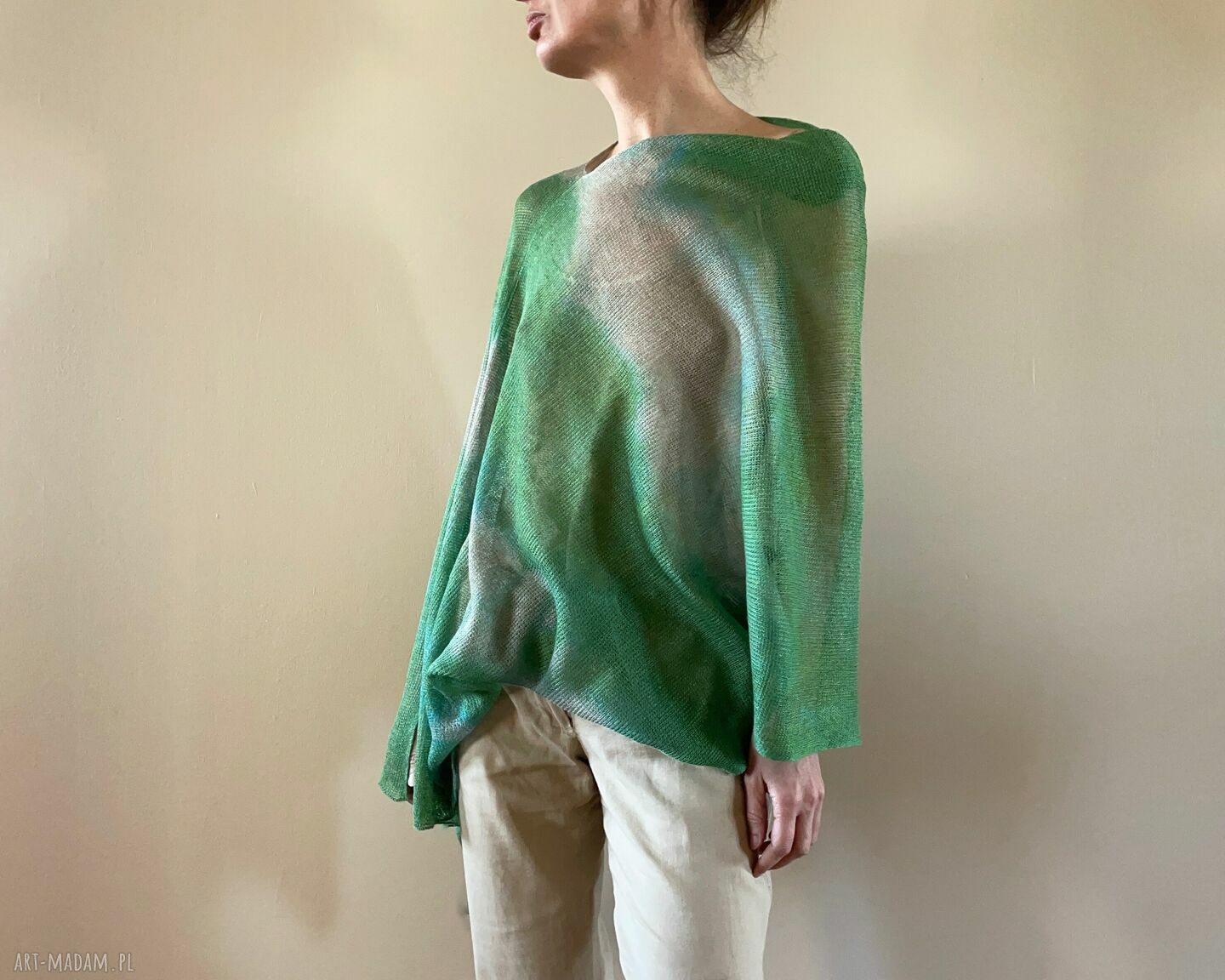 Lniane ponczo oversize zieleń&natura - one size