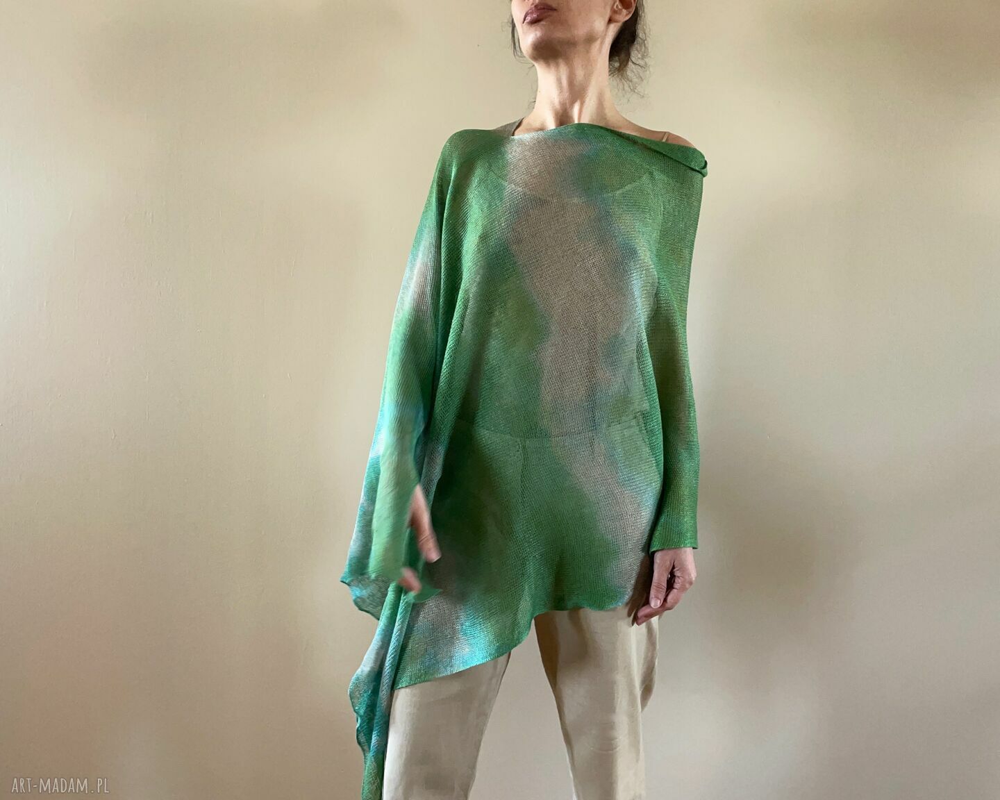 Lniane ponczo oversize zieleń&natura - one size