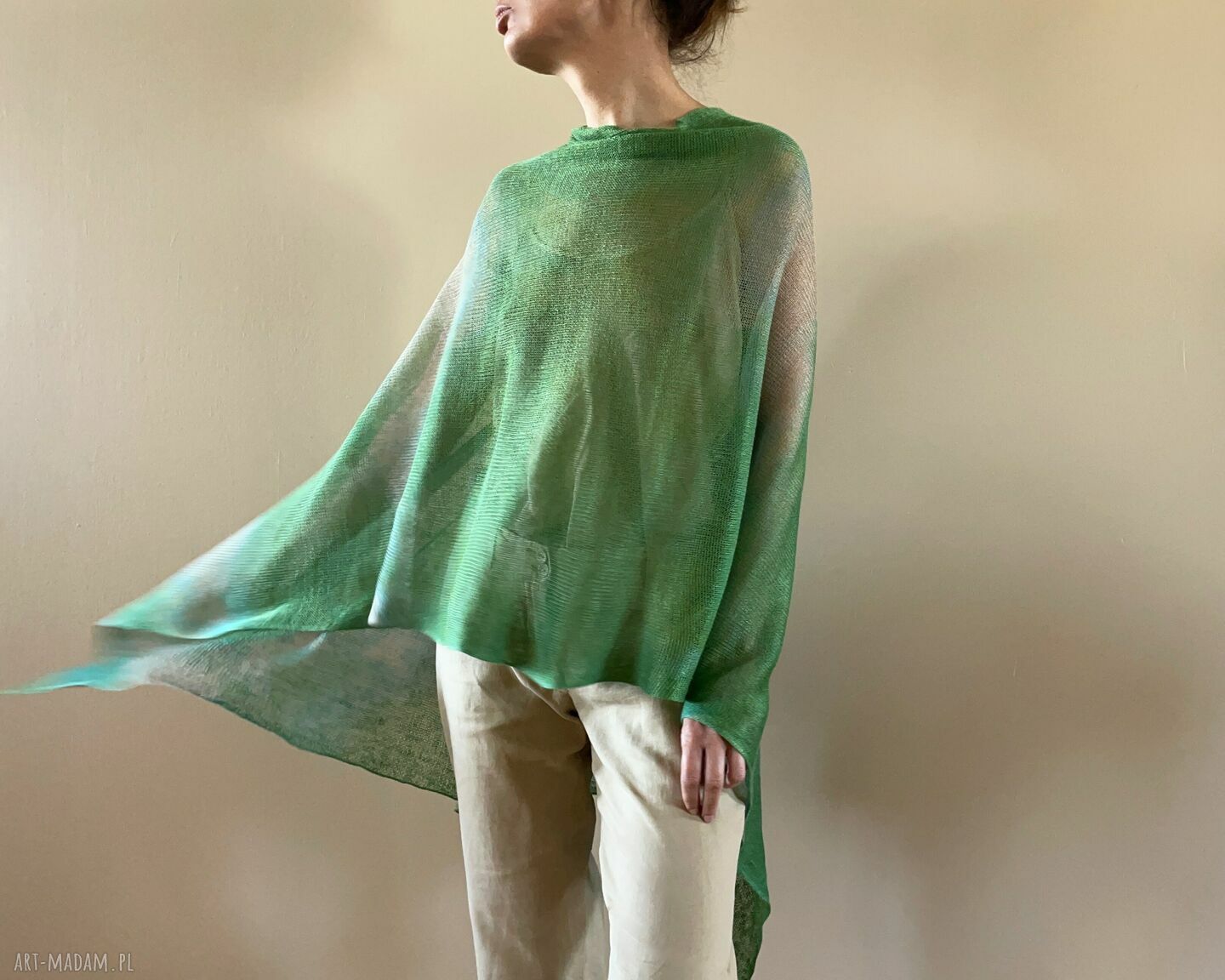 Lniane ponczo oversize zieleń&natura - one size