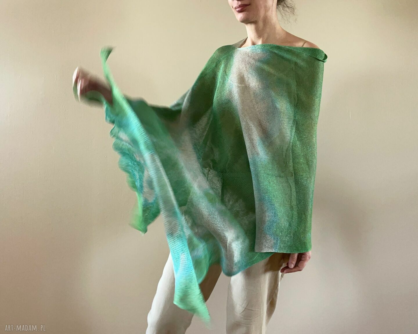 Lniane ponczo oversize zieleń&natura - one size