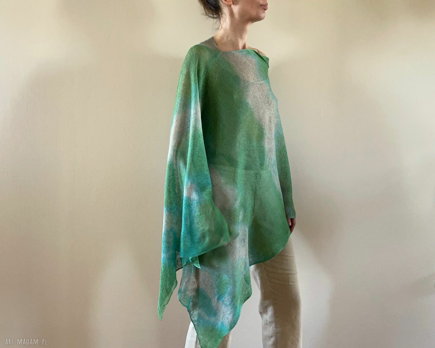Lniane ponczo oversize zieleń&natura - one size